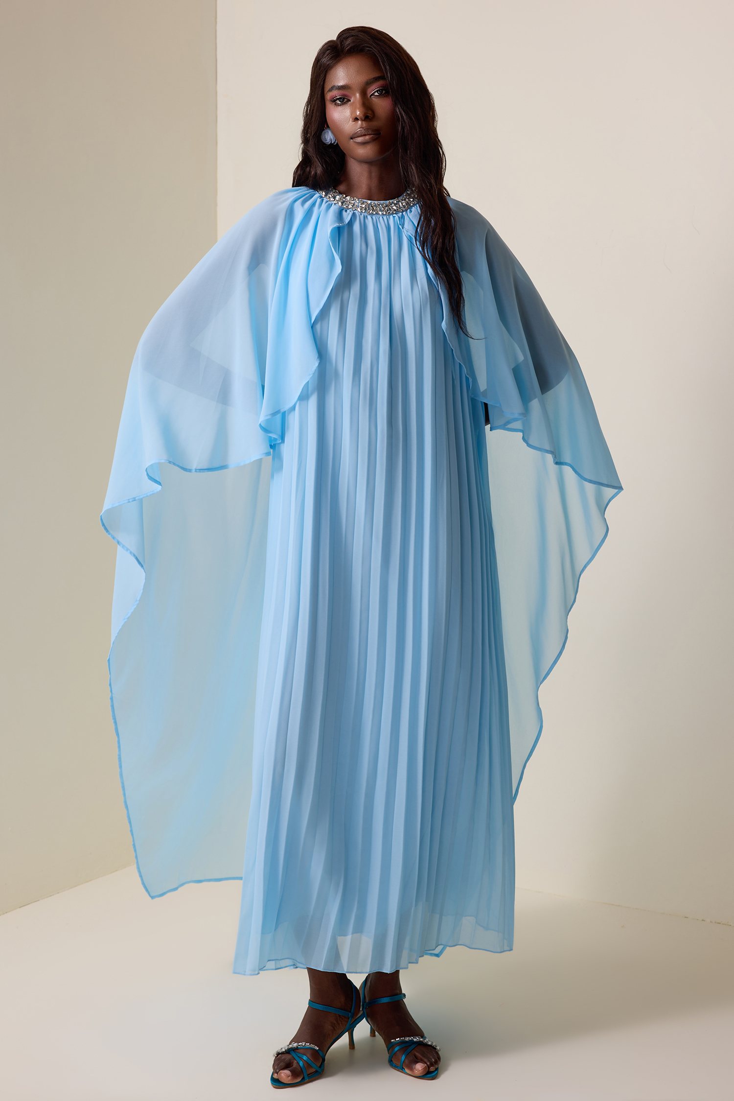 Rhinestone Pleated Cape Sleeve Midi Dress