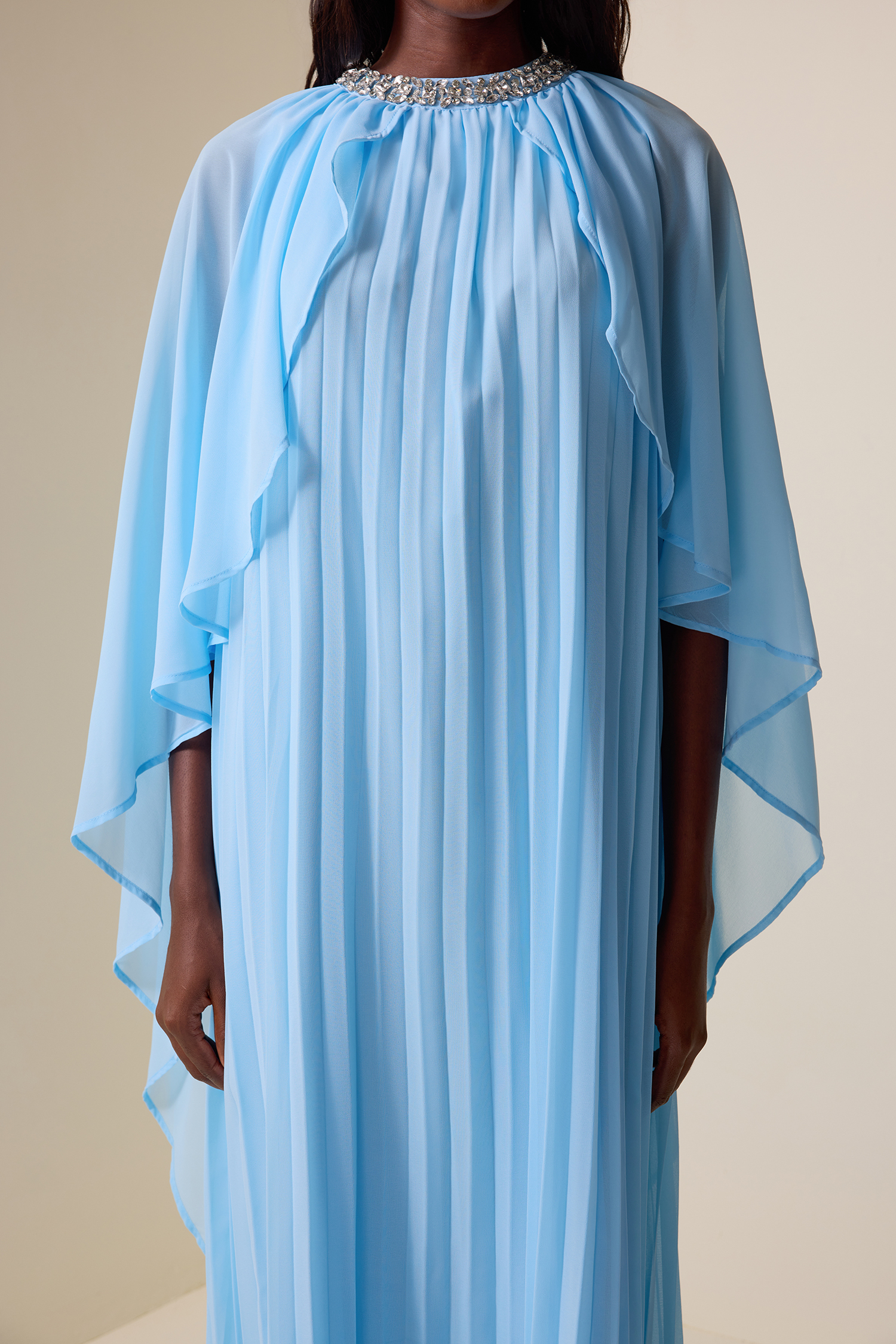 Rhinestone Pleated Cape Sleeve Midi Dress