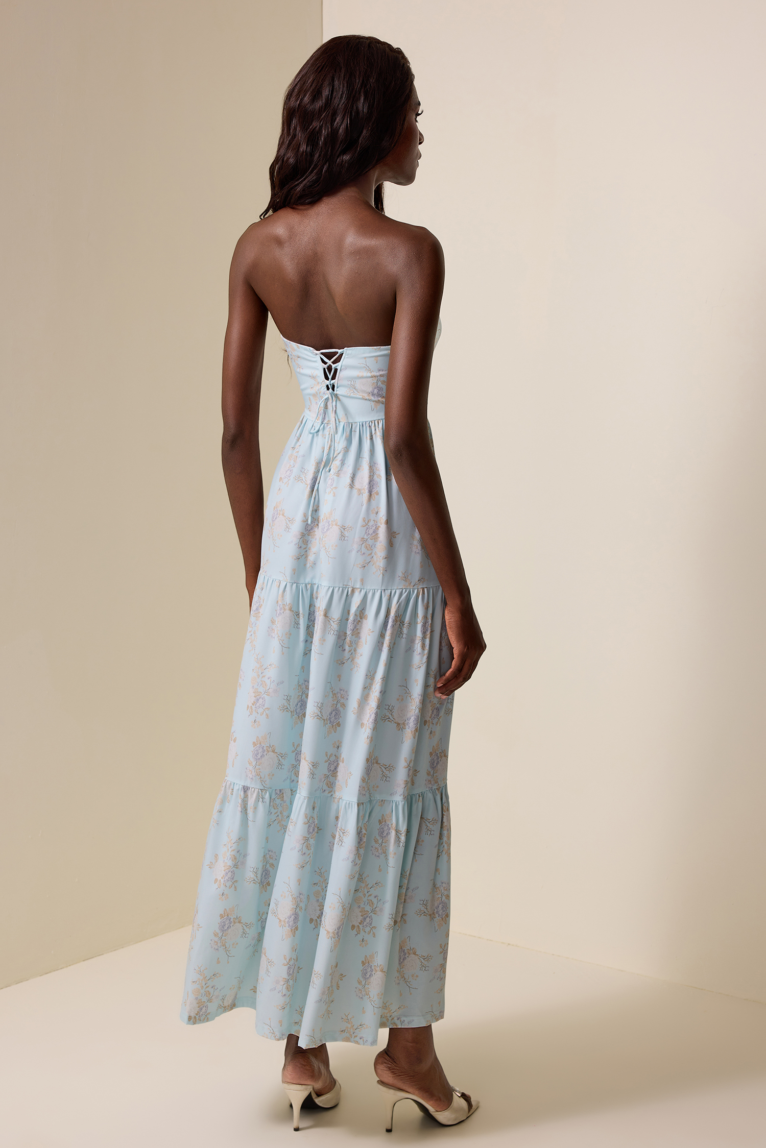 Floral Faux Pearl Strapless Midi Dress