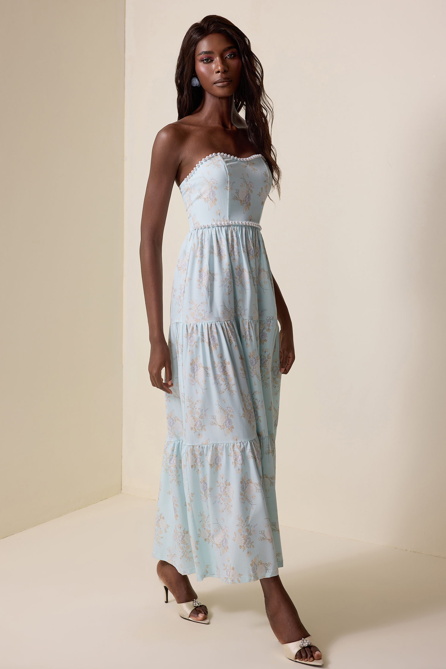 Floral Faux Pearl Strapless Midi Dress