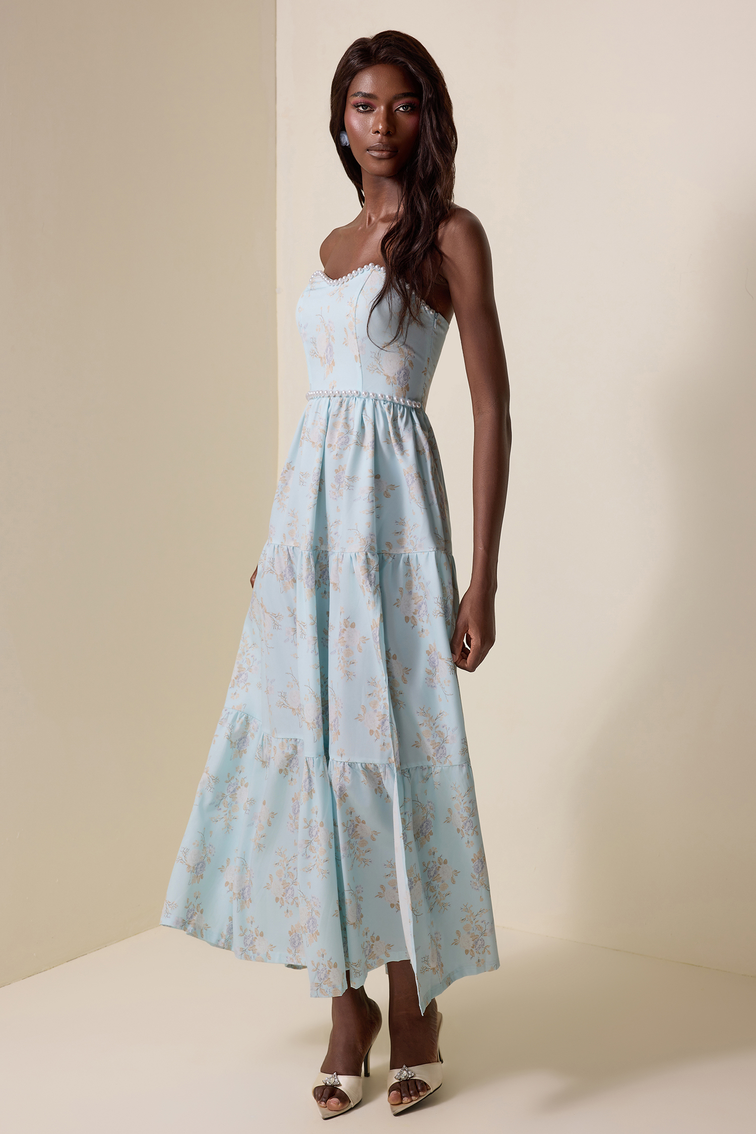 Floral Faux Pearl Strapless Midi Dress