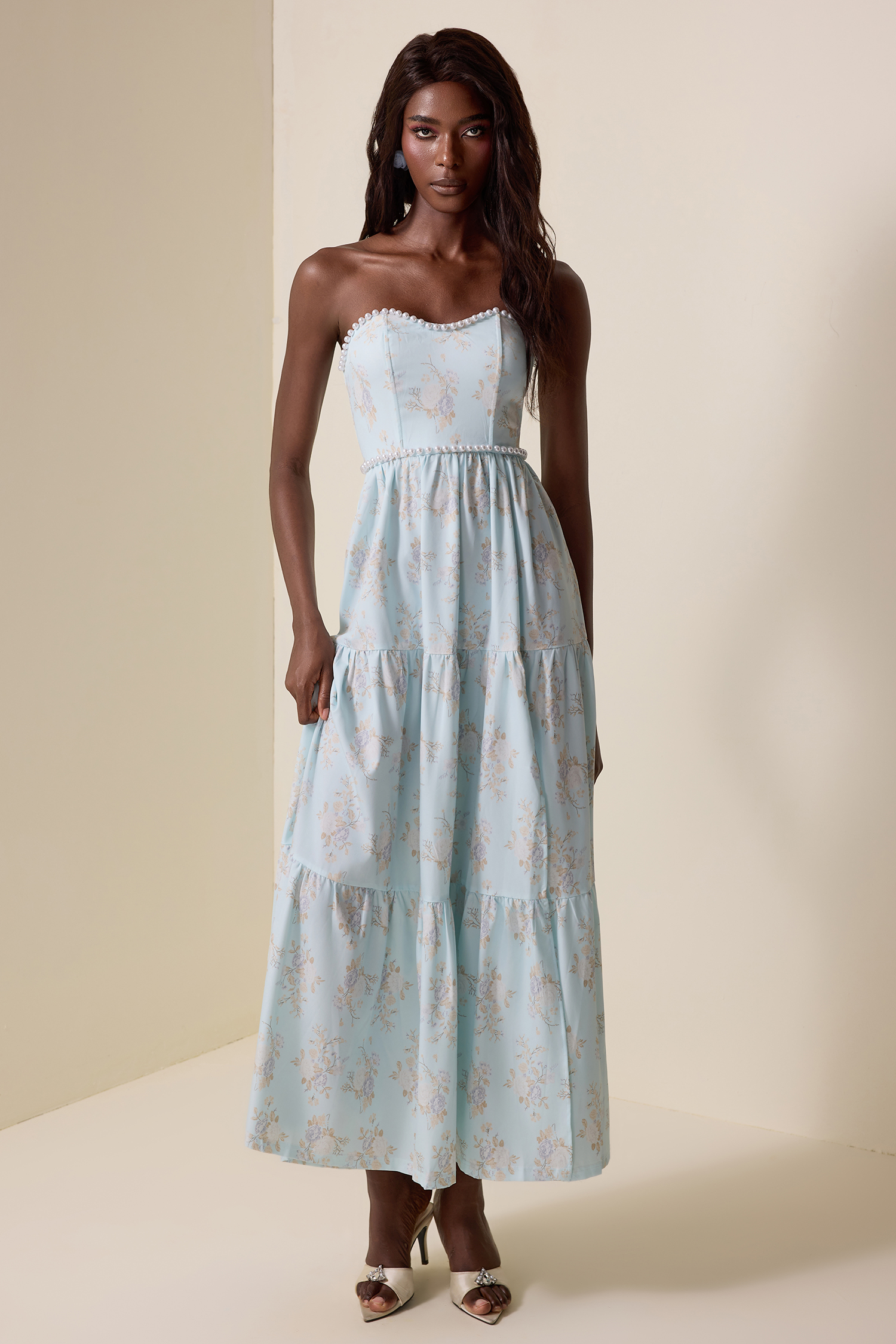 Floral Faux Pearl Strapless Midi Dress