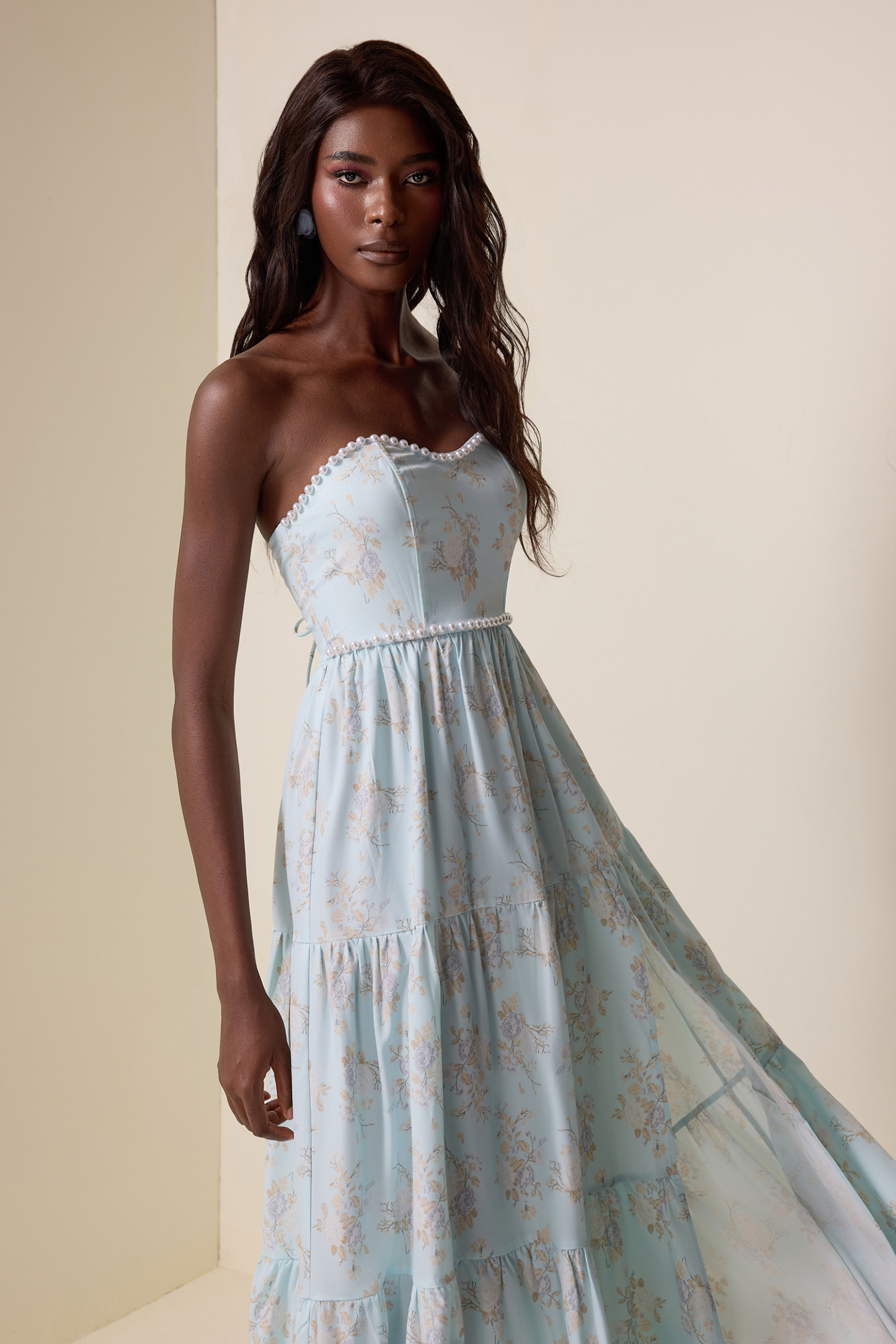 Floral Faux Pearl Strapless Midi Dress