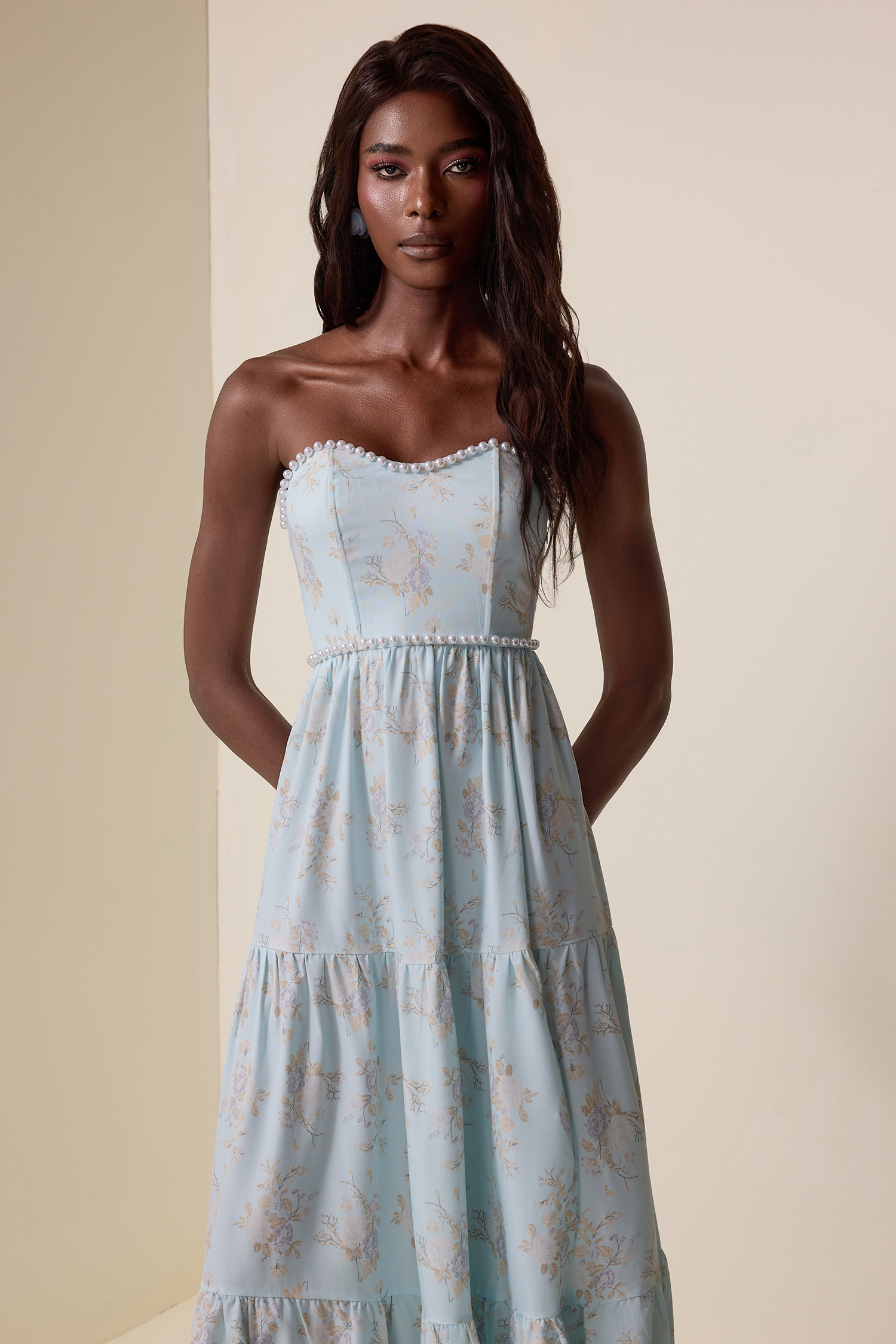 Floral Faux Pearl Strapless Midi Dress