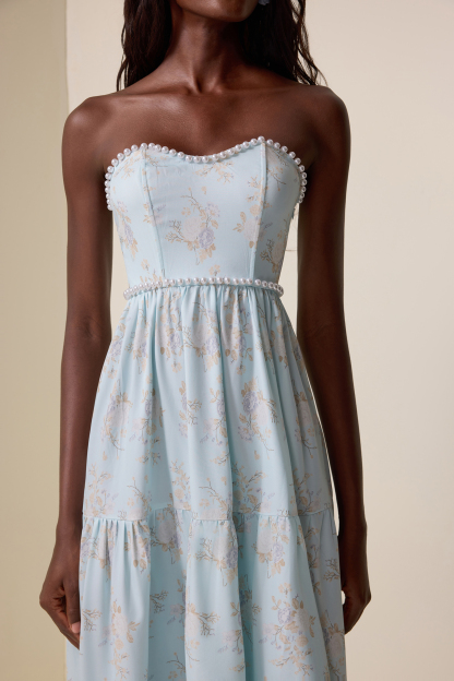 Floral Faux Pearl Strapless Midi Dress