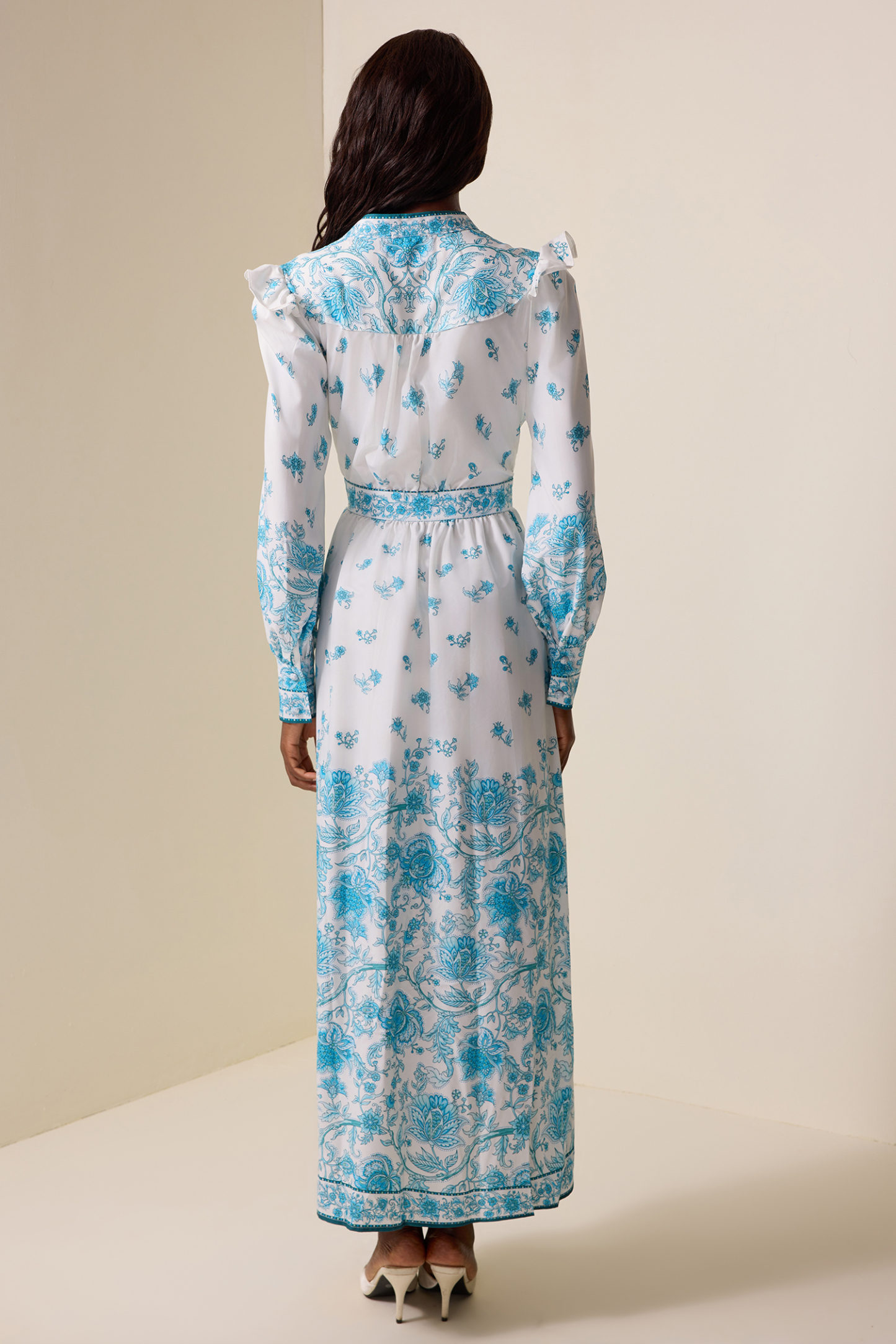 Floral V-Neck Lantern Sleeve Midi Dress