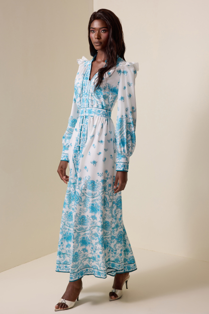 Floral V-Neck Lantern Sleeve Midi Dress