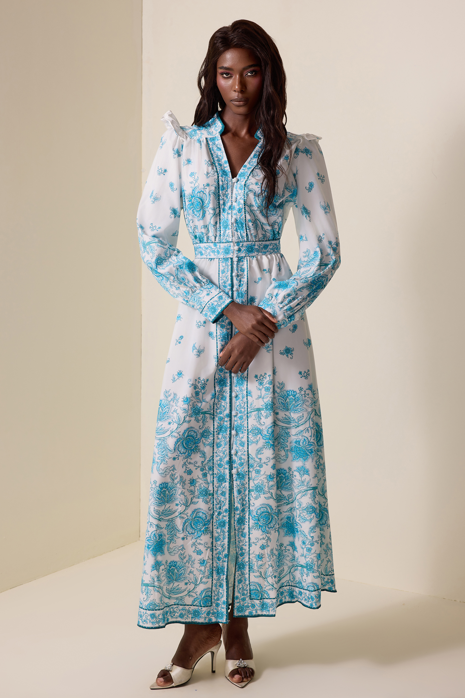 Floral V-Neck Lantern Sleeve Midi Dress