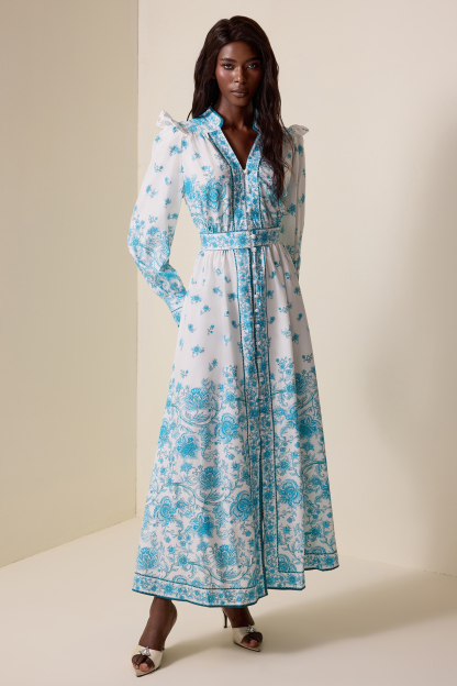 Floral V-Neck Lantern Sleeve Midi Dress