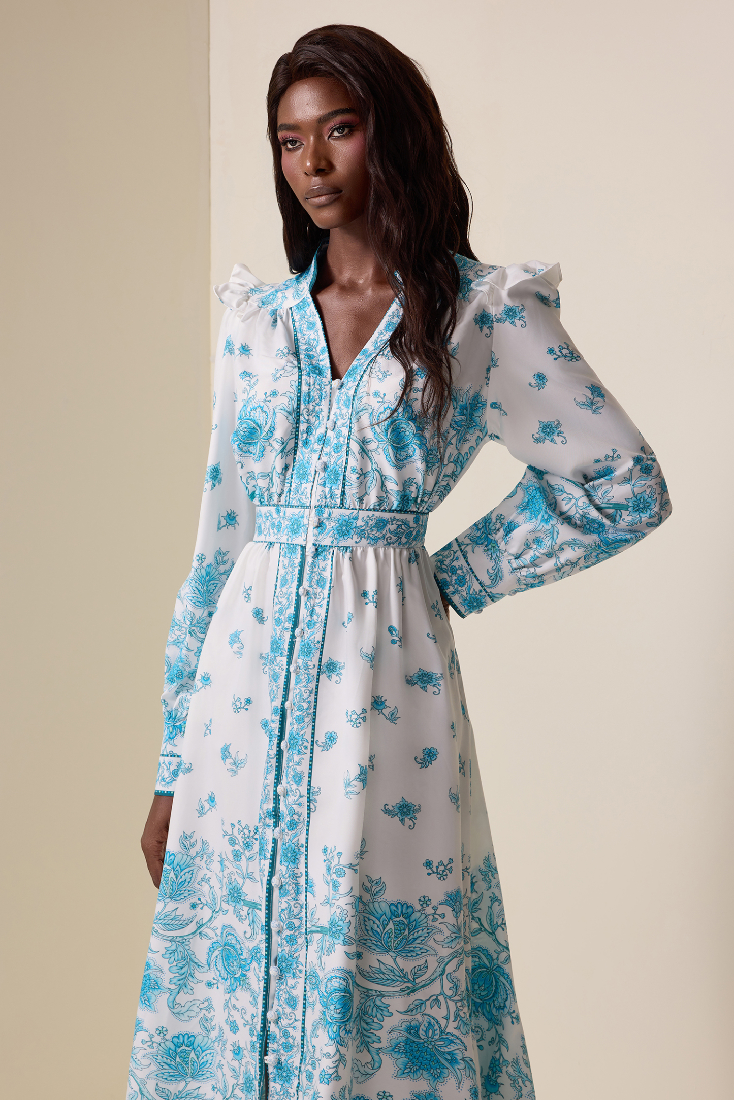 Floral V-Neck Lantern Sleeve Midi Dress