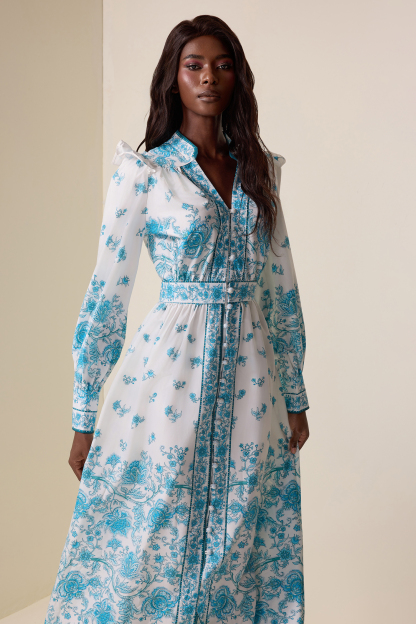 Floral V-Neck Lantern Sleeve Midi Dress