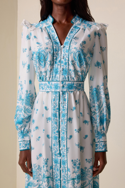 Floral V-Neck Lantern Sleeve Midi Dress
