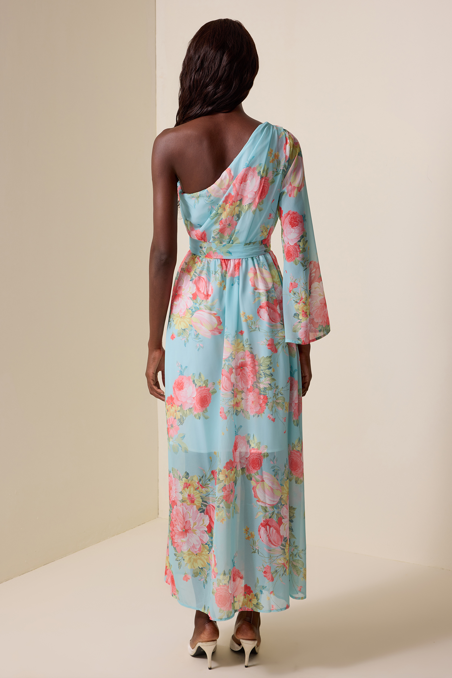 Floral One-Shoulder Lace-Up Midi Dress