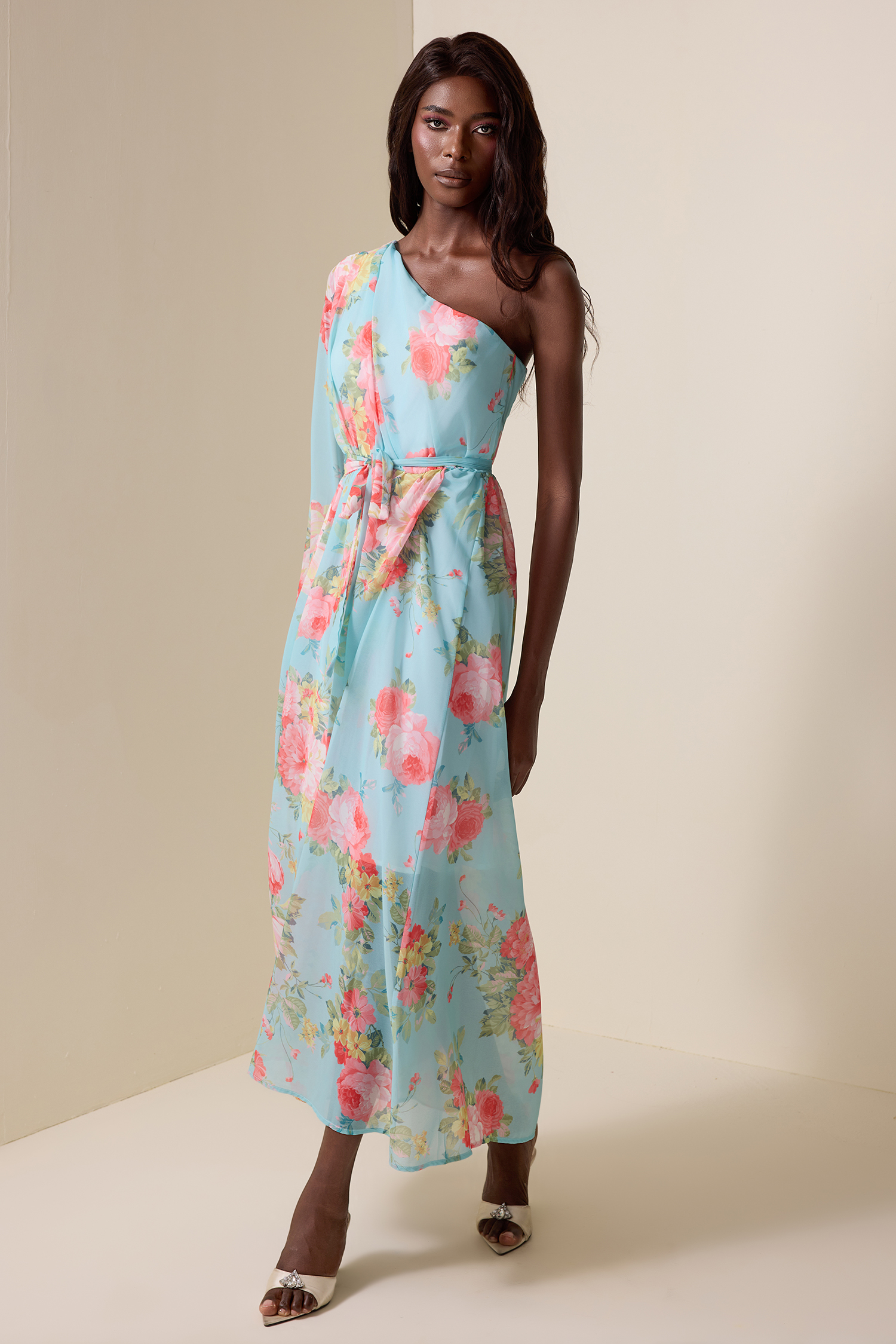 Floral One-Shoulder Lace-Up Midi Dress