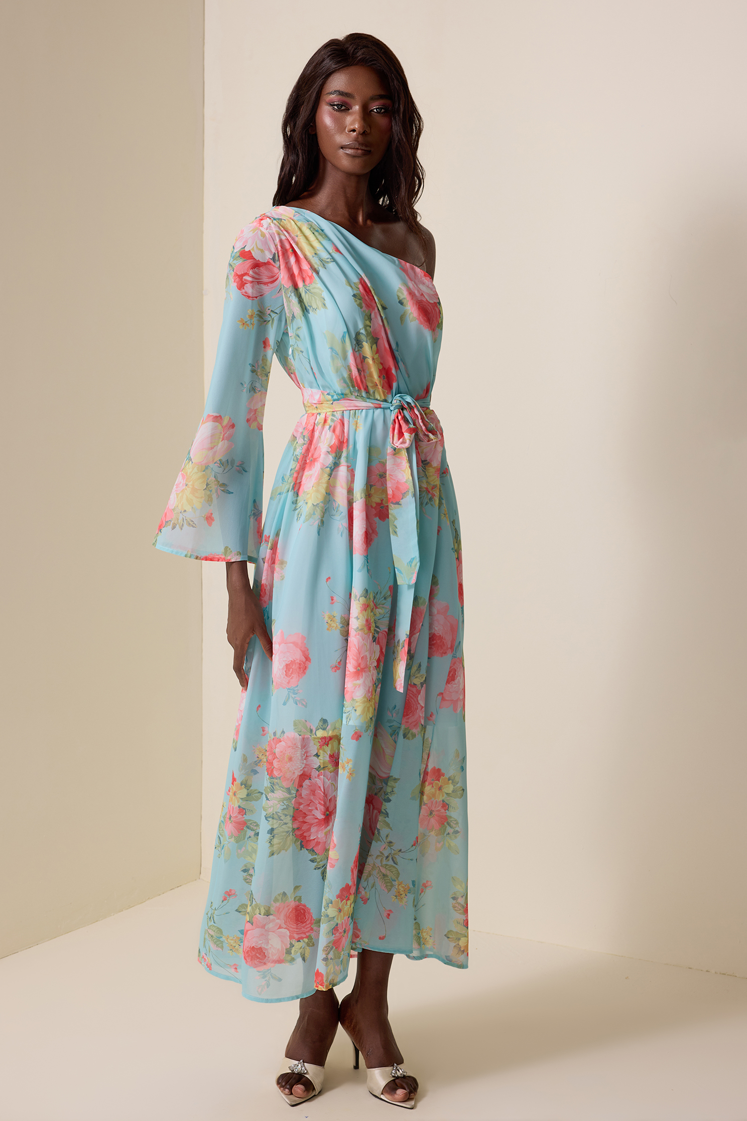 Floral One-Shoulder Lace-Up Midi Dress