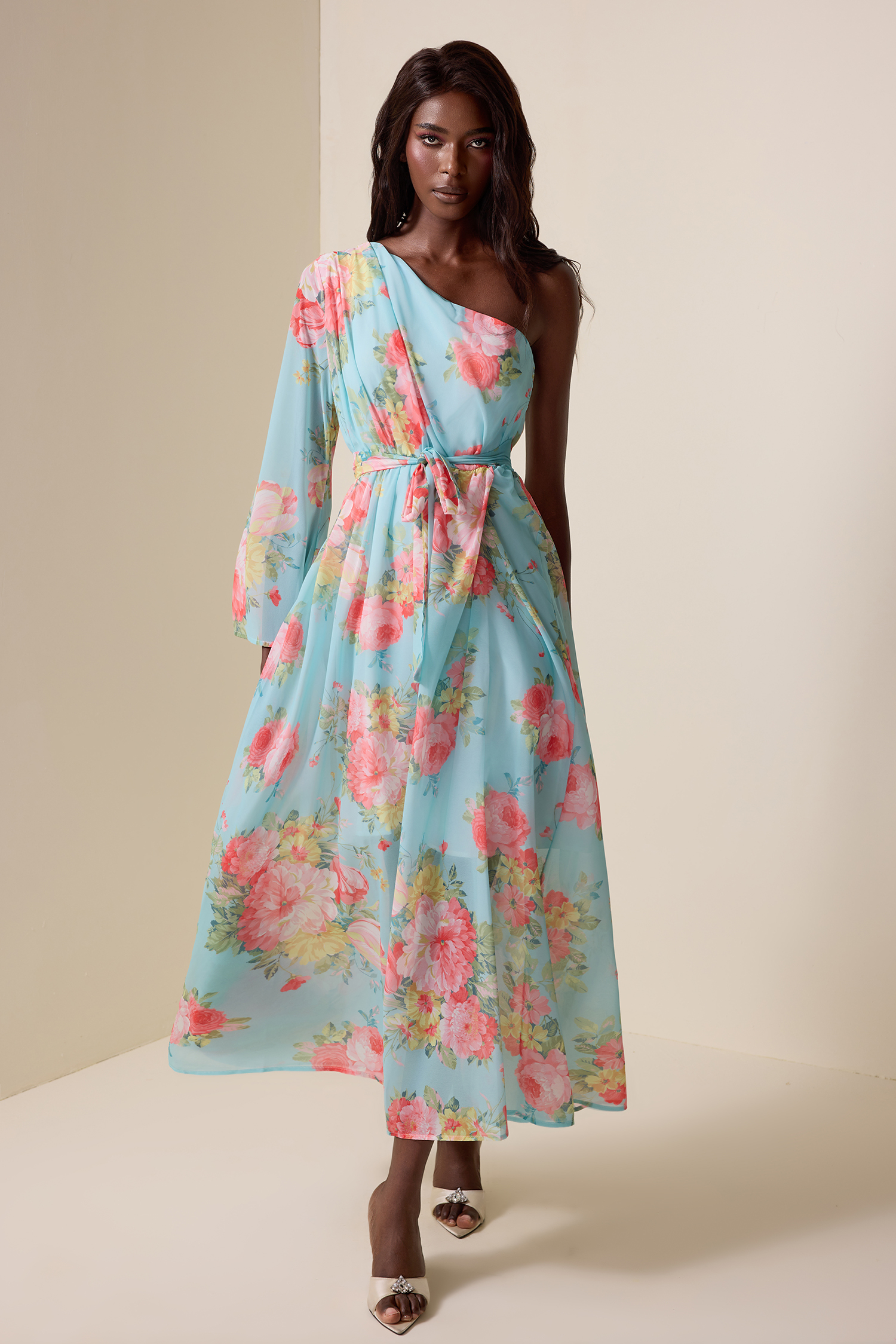 Floral One-Shoulder Lace-Up Midi Dress