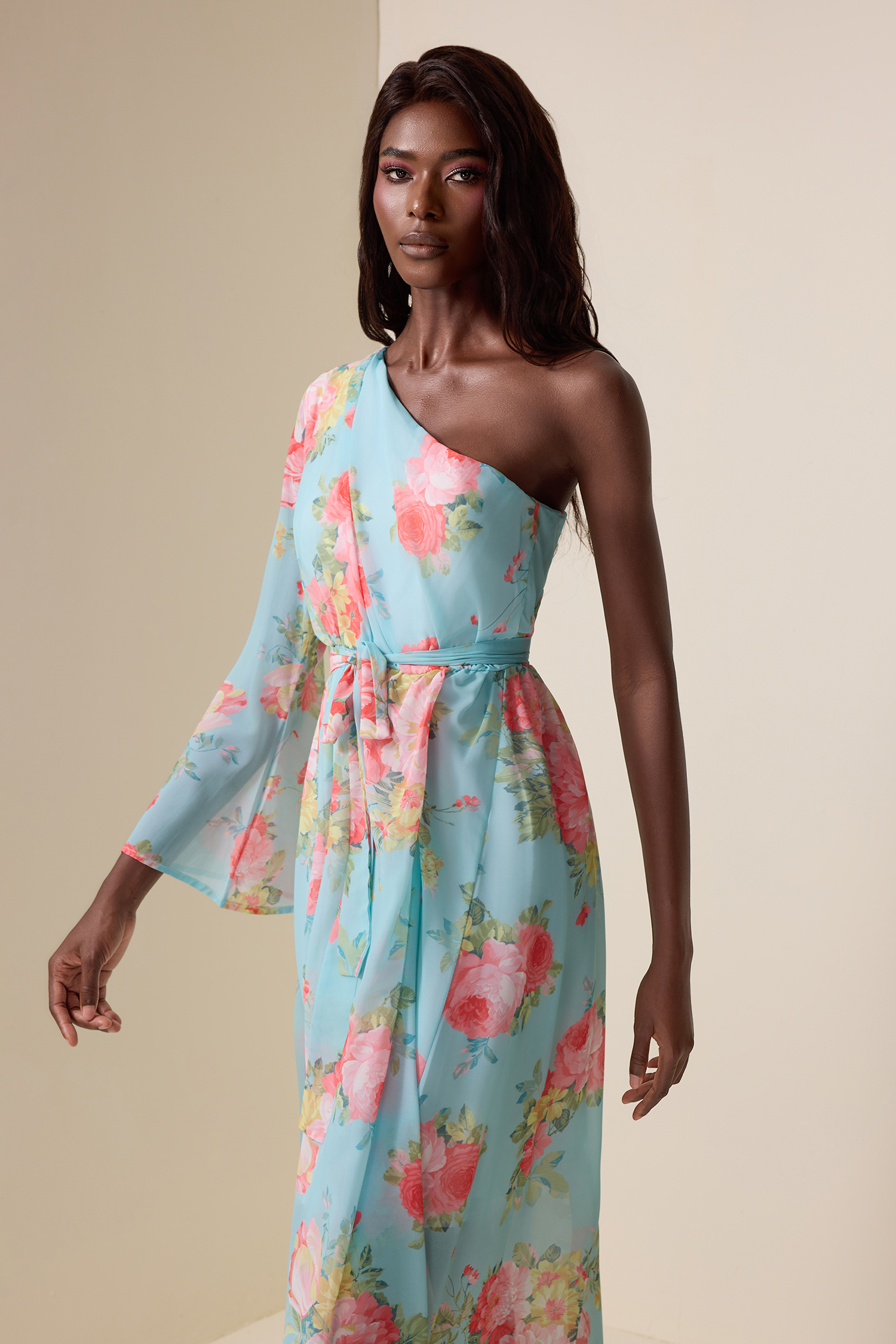 Floral One-Shoulder Lace-Up Midi Dress