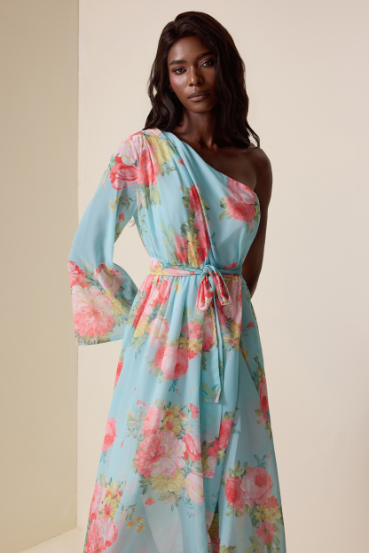 Floral One-Shoulder Lace-Up Midi Dress