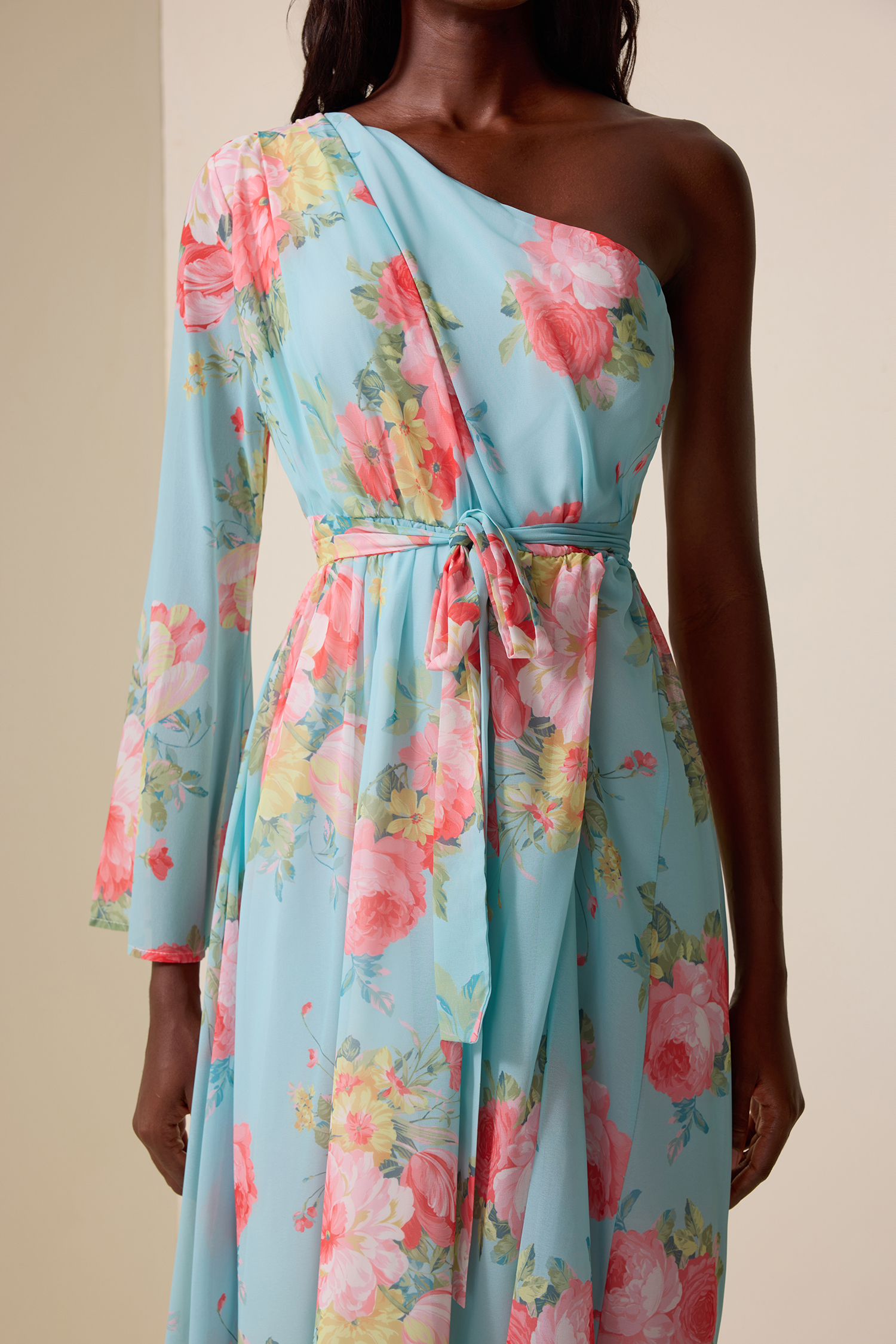 Floral One-Shoulder Lace-Up Midi Dress