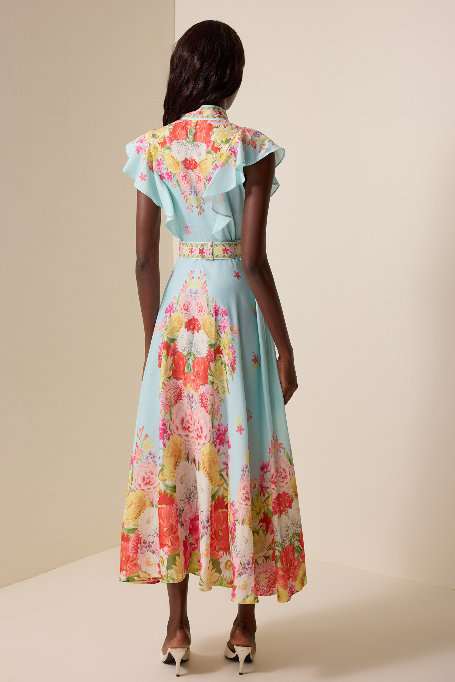 Floral Lace-Up Frill Midi Dress