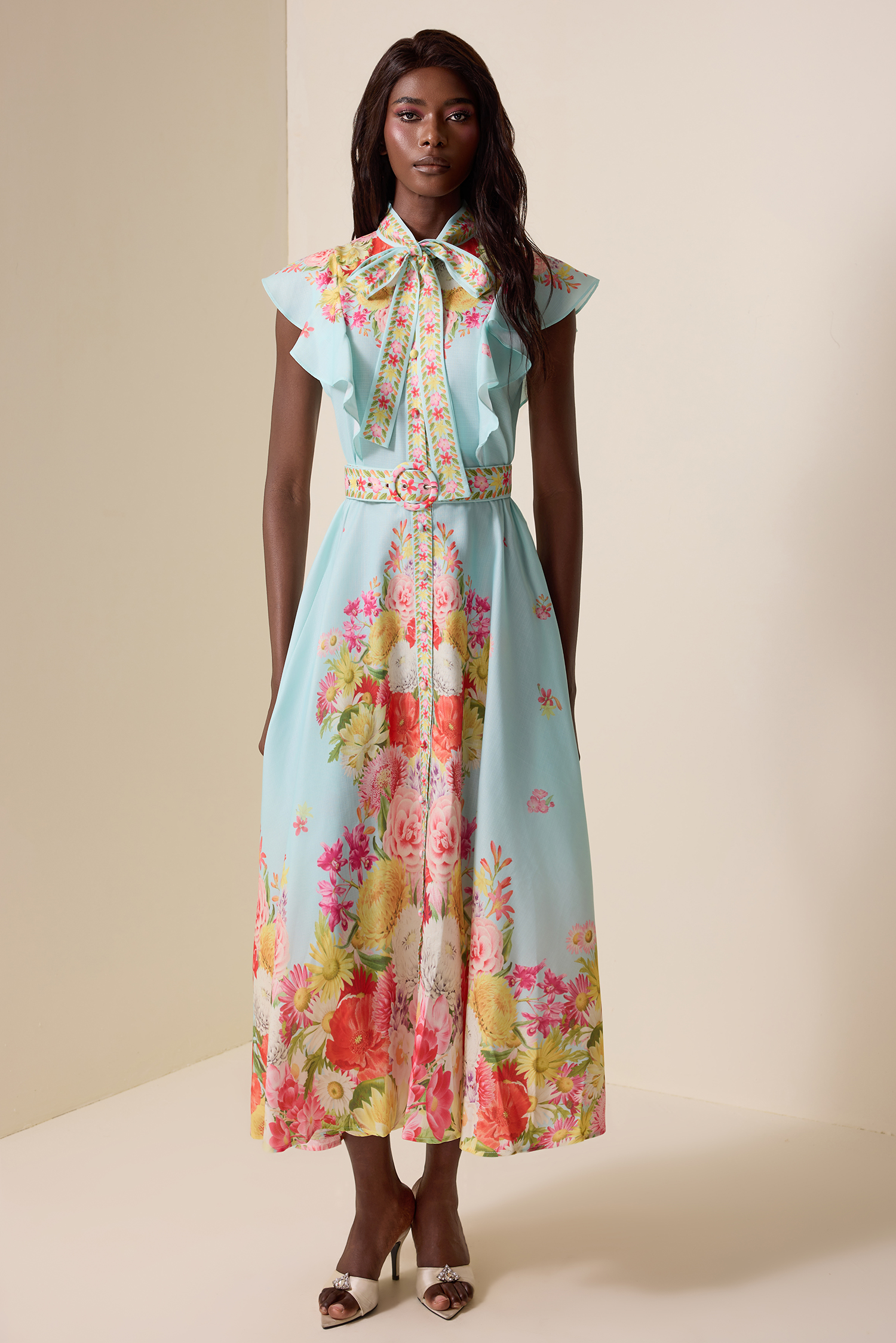 Floral Lace-Up Frill Midi Dress