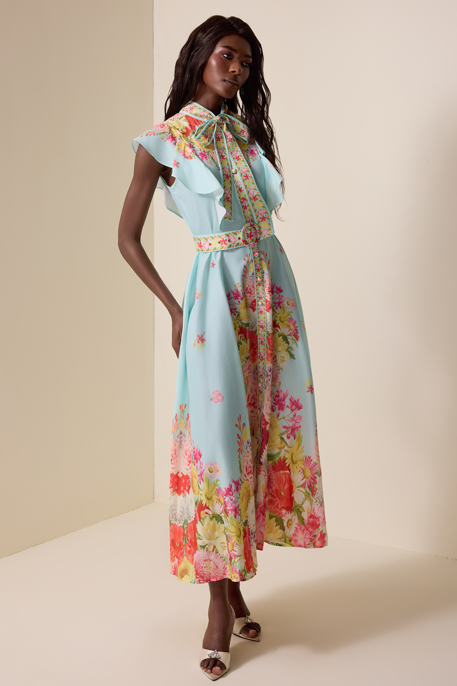 Floral Lace-Up Frill Midi Dress