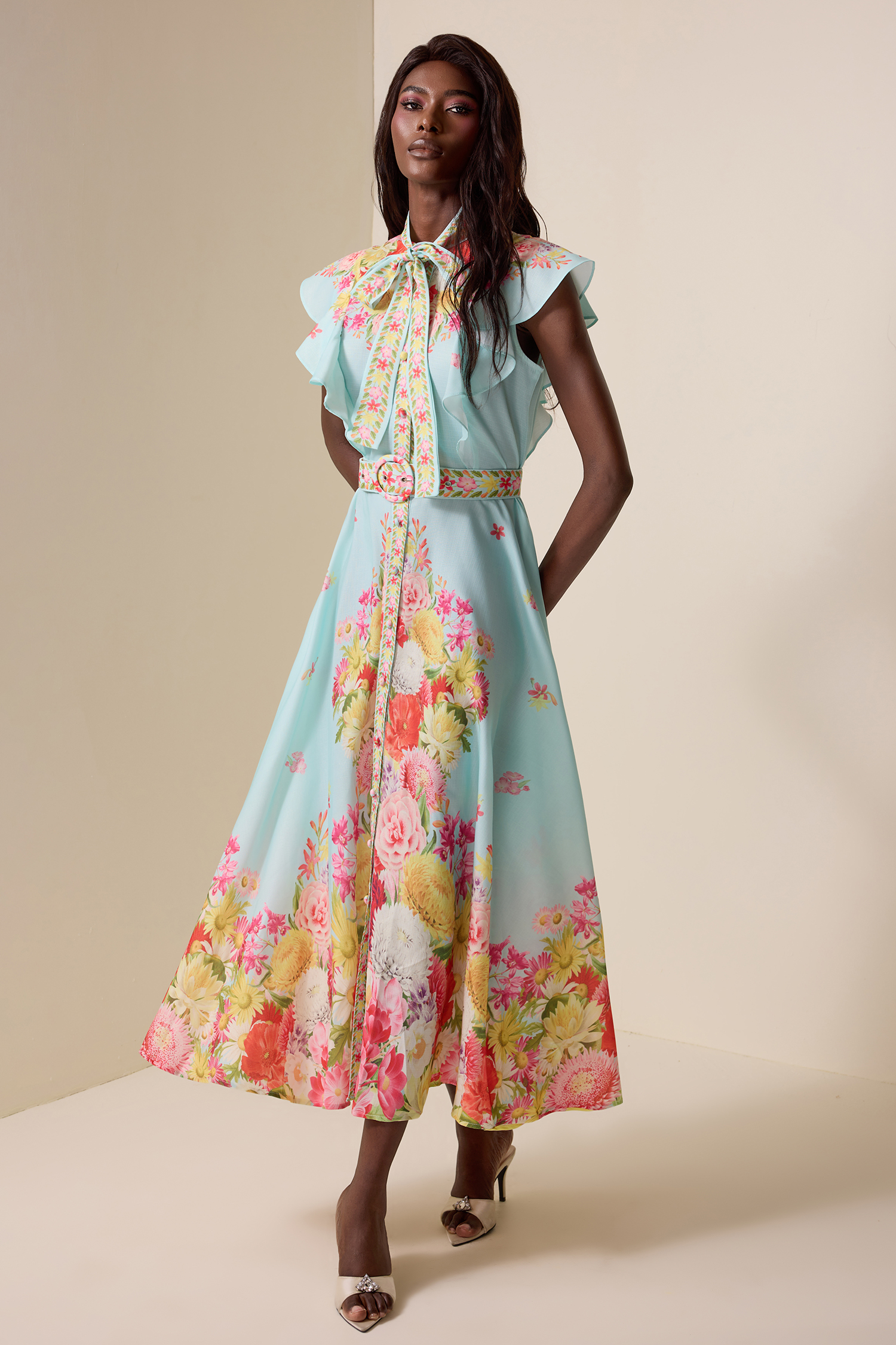 Floral Lace-Up Frill Midi Dress