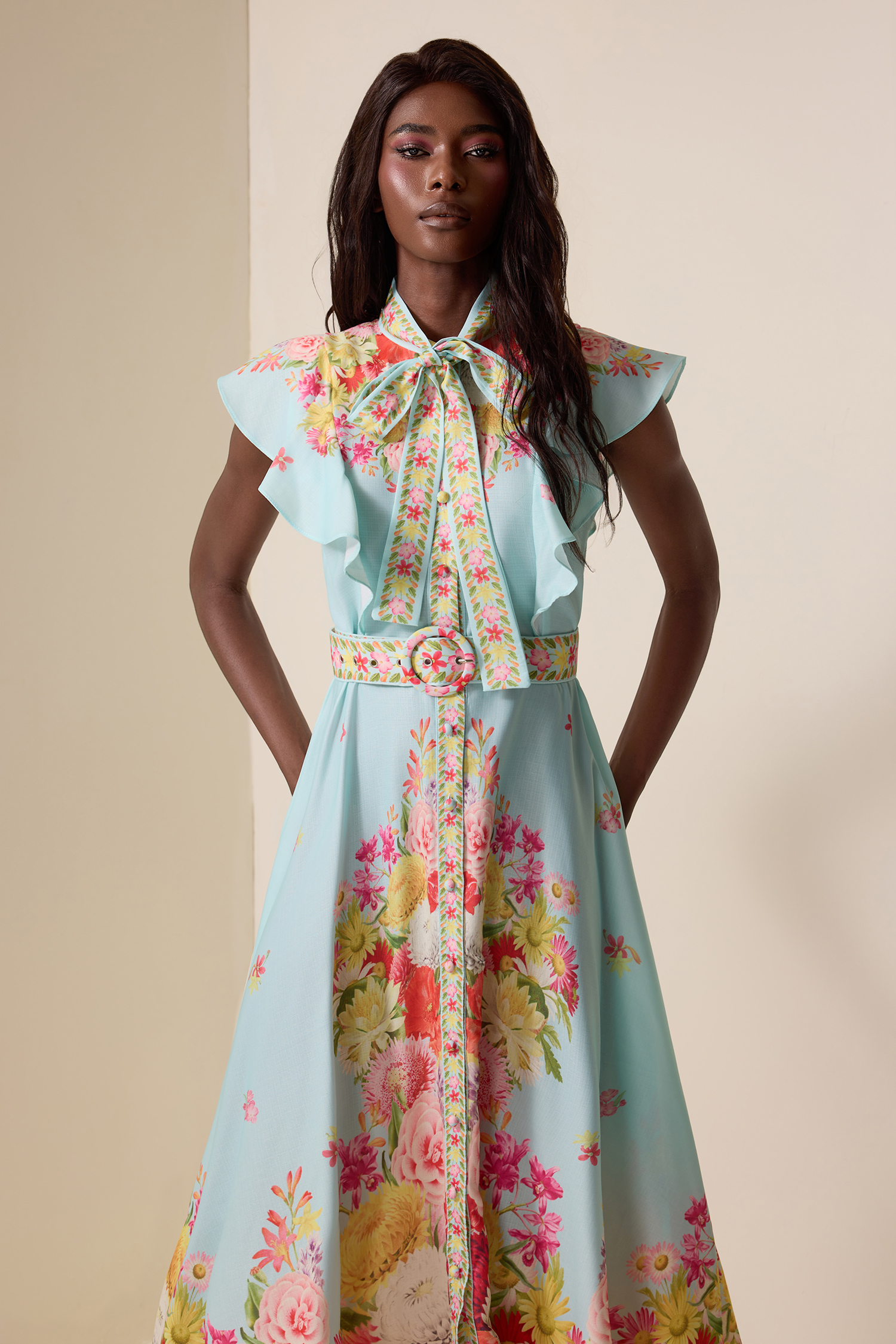 Floral Lace-Up Frill Midi Dress