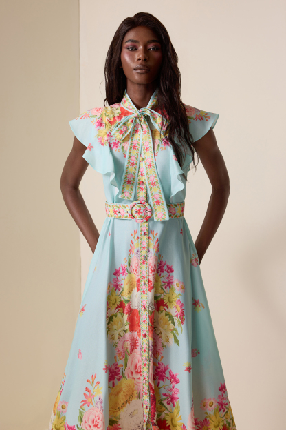 Floral Lace-Up Frill Midi Dress