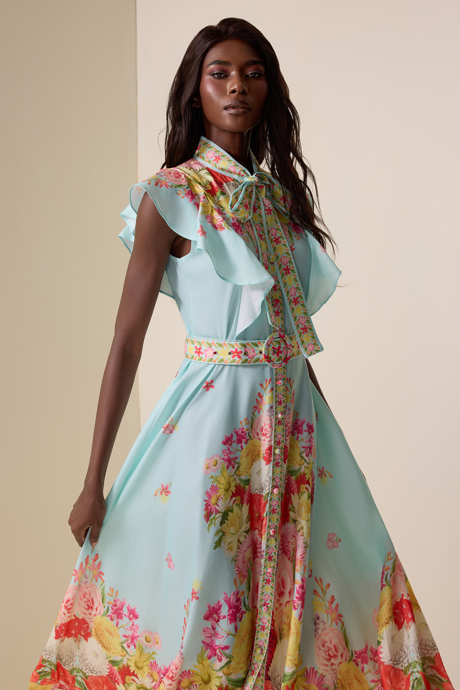 Floral Lace-Up Frill Midi Dress