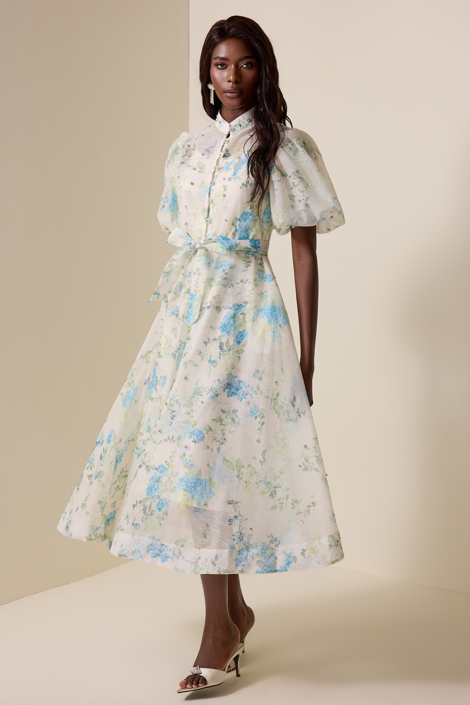 Floral Puff Sleeve Lace-Up Midi Dress