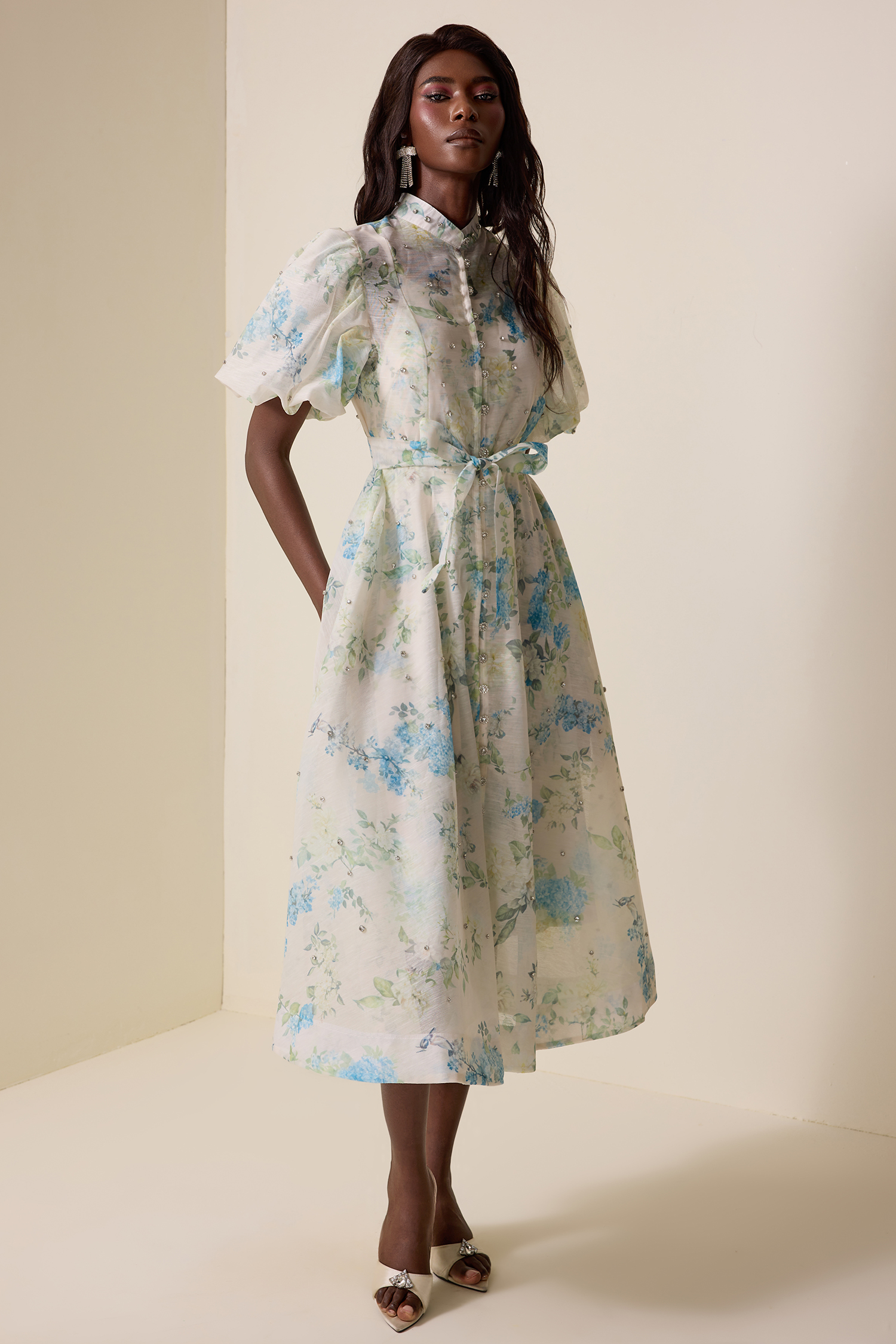 Floral Puff Sleeve Lace-Up Midi Dress