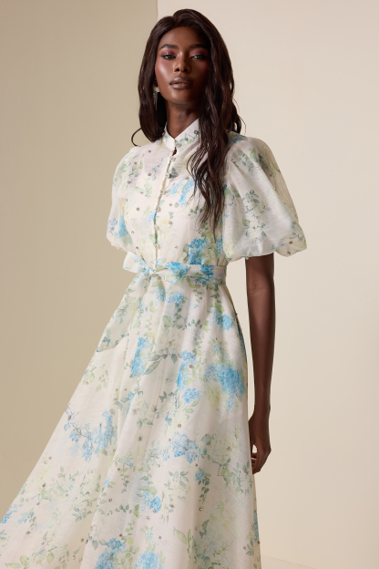 Floral Puff Sleeve Lace-Up Midi Dress
