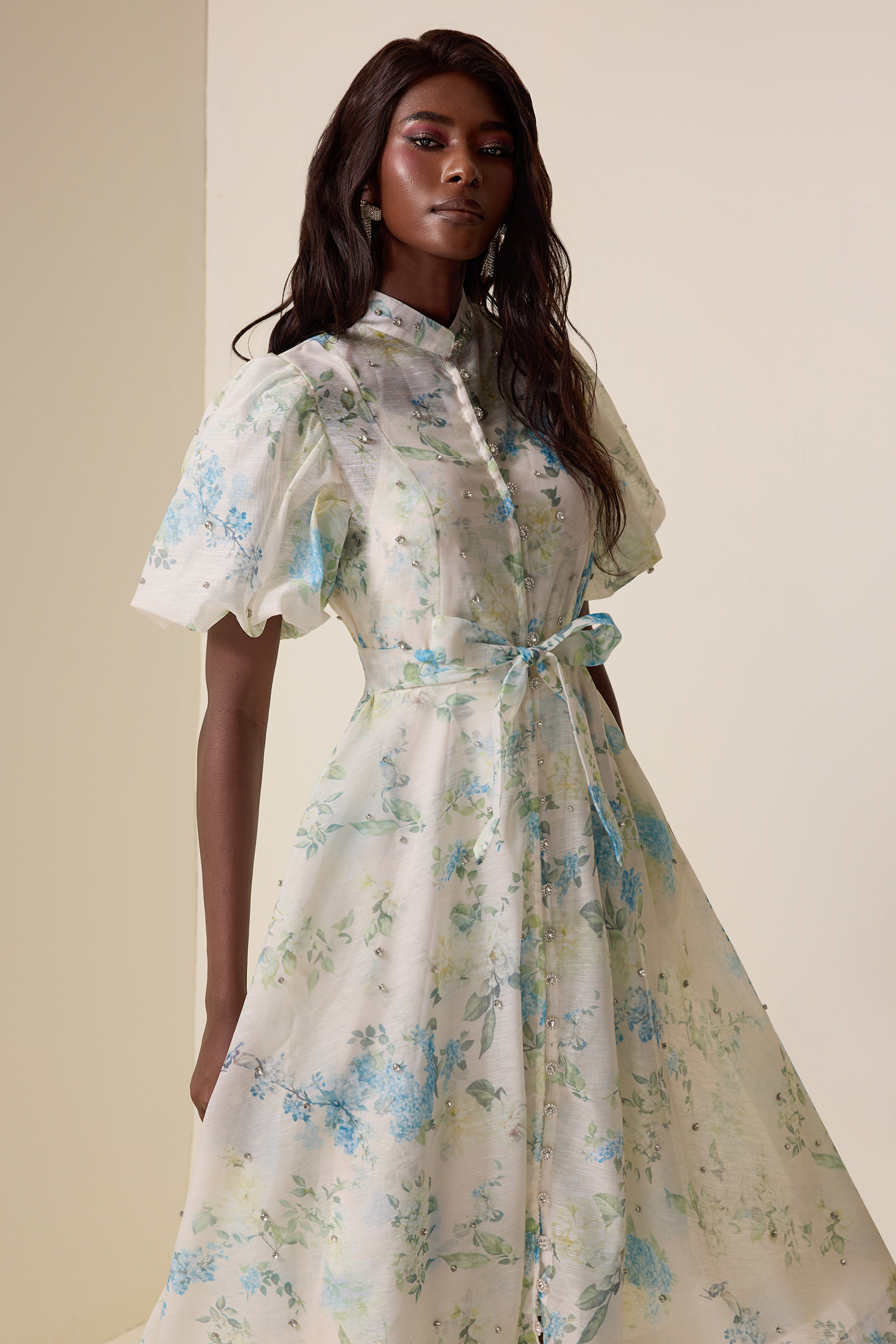 Floral Puff Sleeve Lace-Up Midi Dress