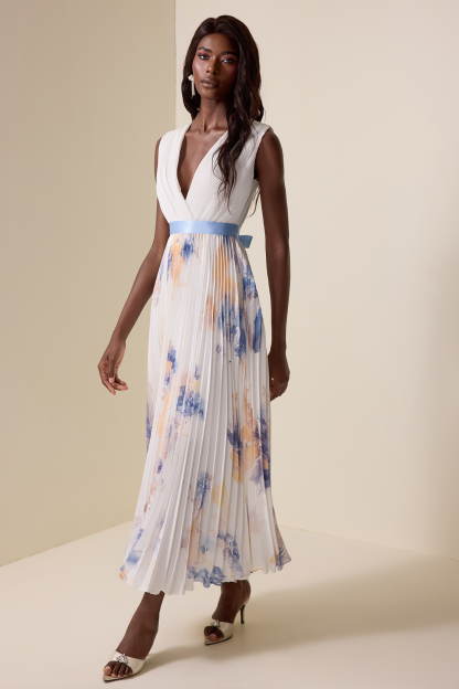 Floral Pleated V-Neck Midi Dress