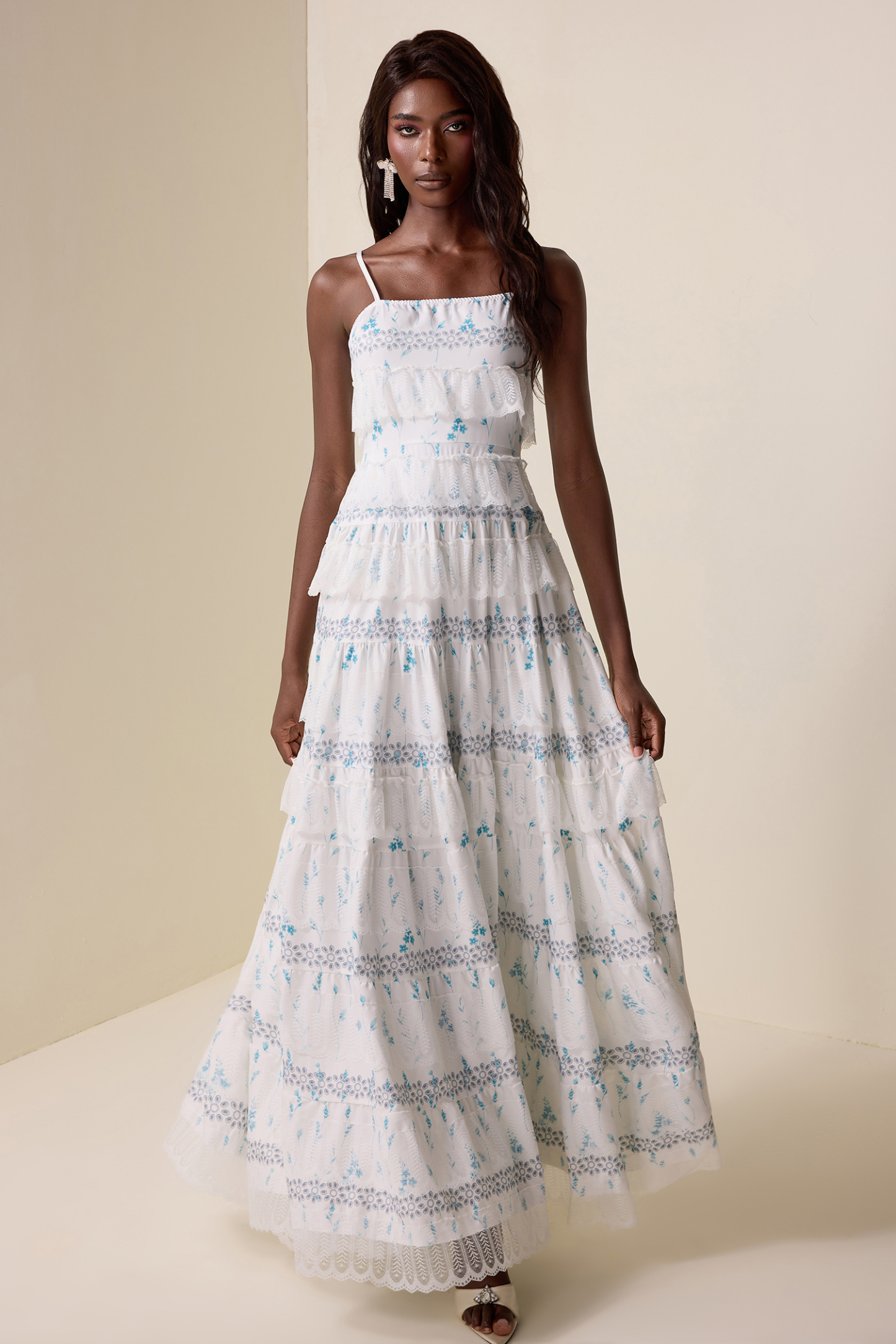 Lace Floral Ruffle Maxi Dress