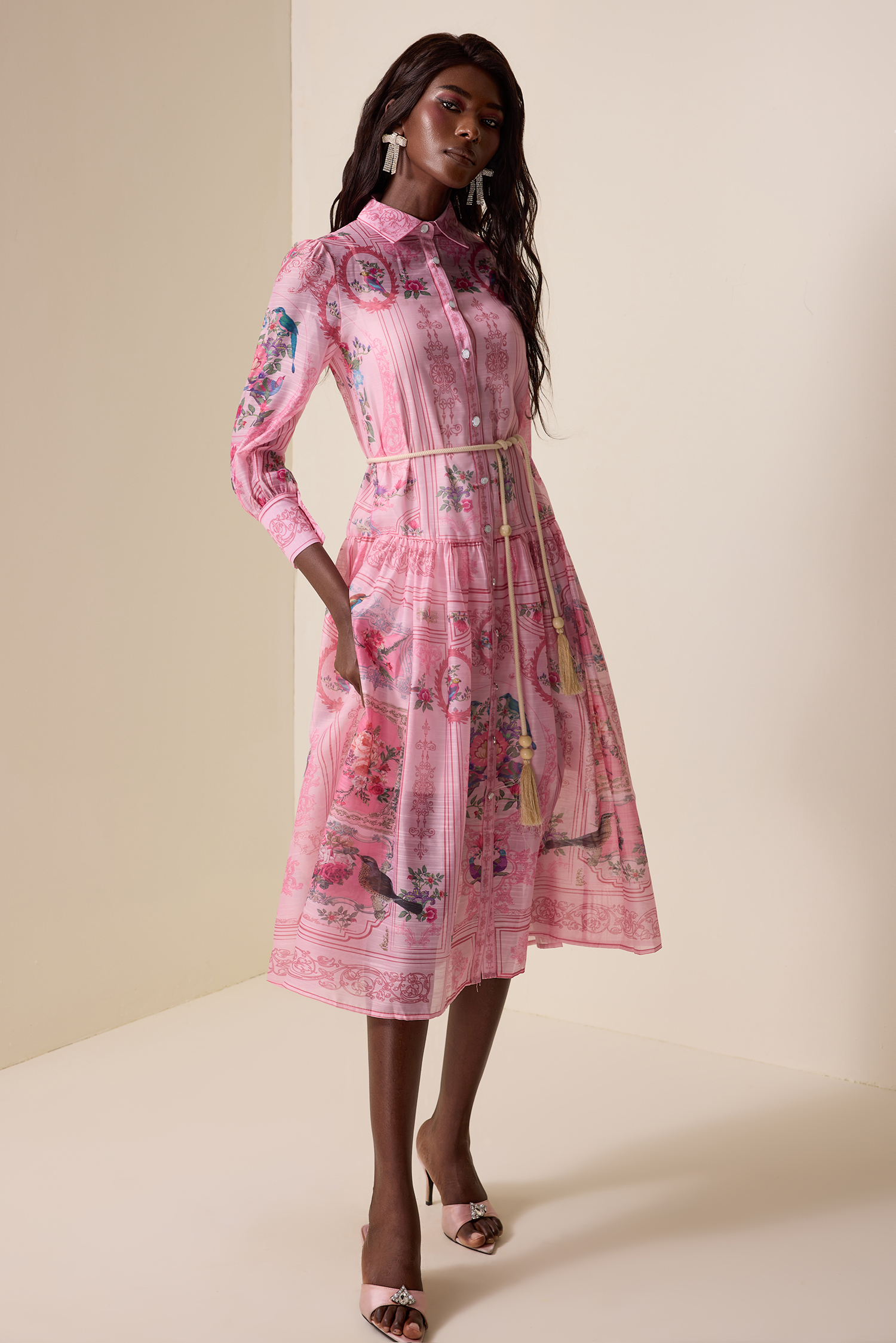 Paisley Print Chiffon Lace-Up Midi Dress