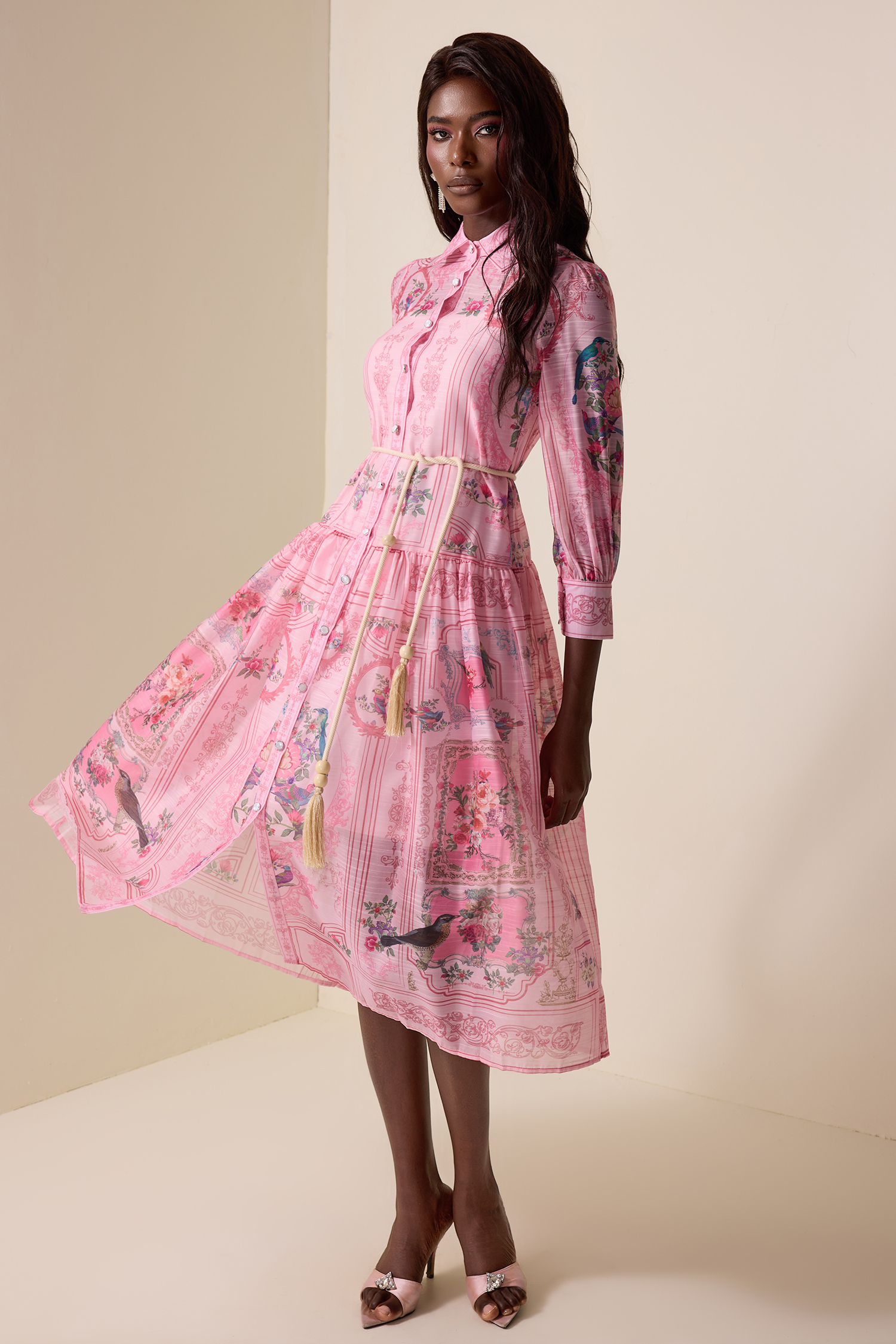 Paisley Print Chiffon Lace-Up Midi Dress