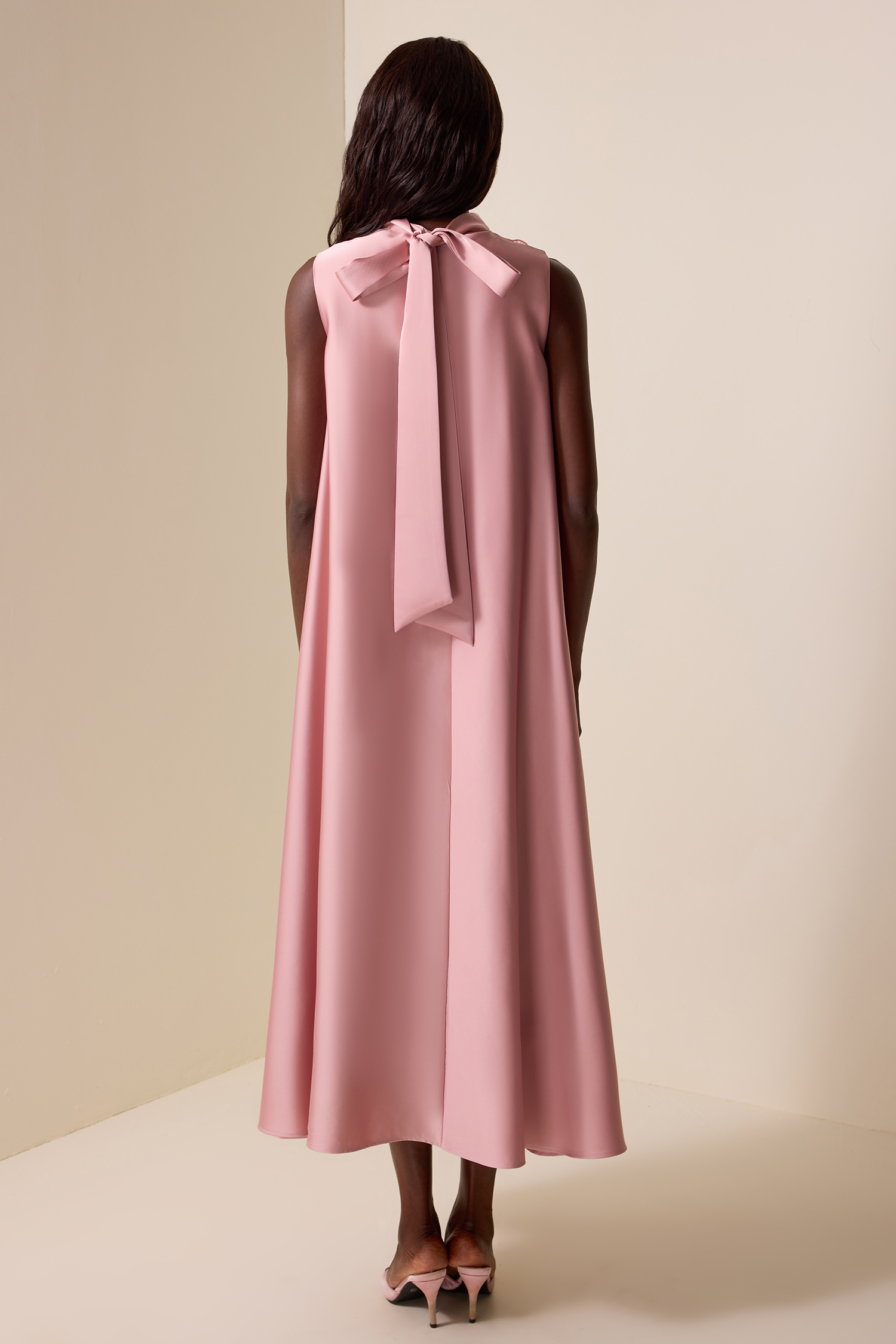 Appliquéd Satin Sleeveless Midi Dress