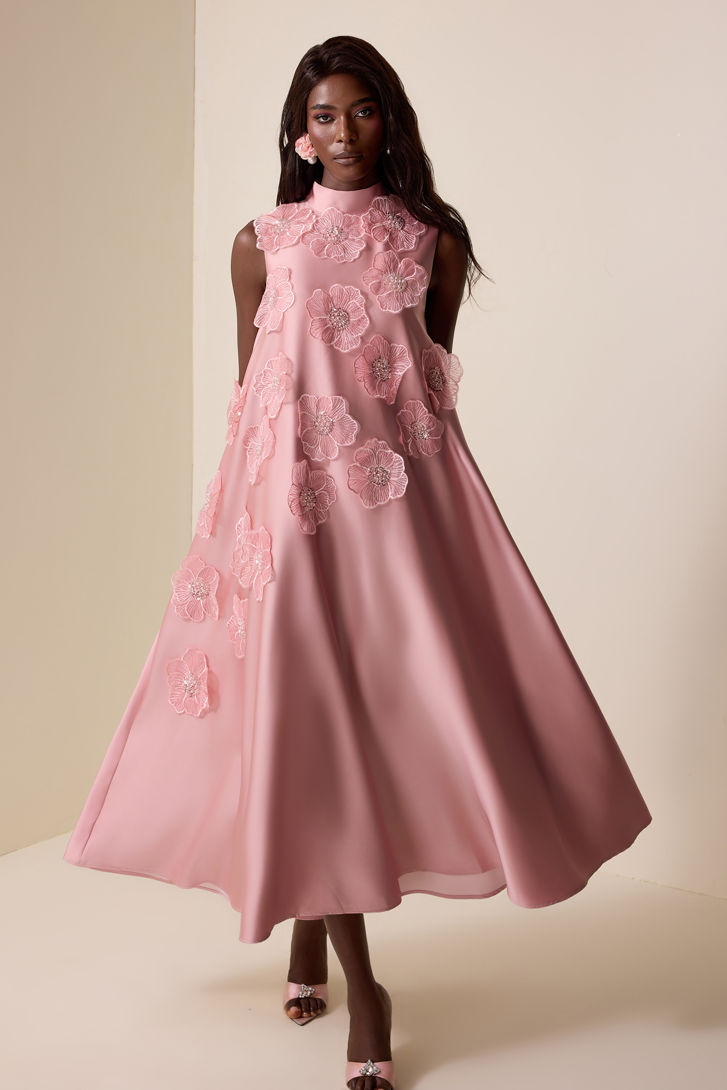 Appliquéd Satin Sleeveless Midi Dress