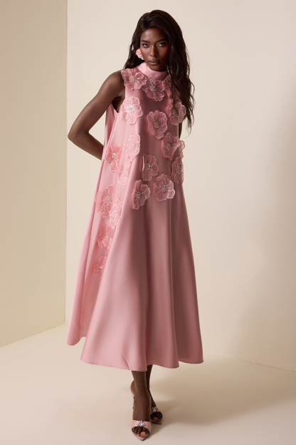 Appliquéd Satin Sleeveless Midi Dress