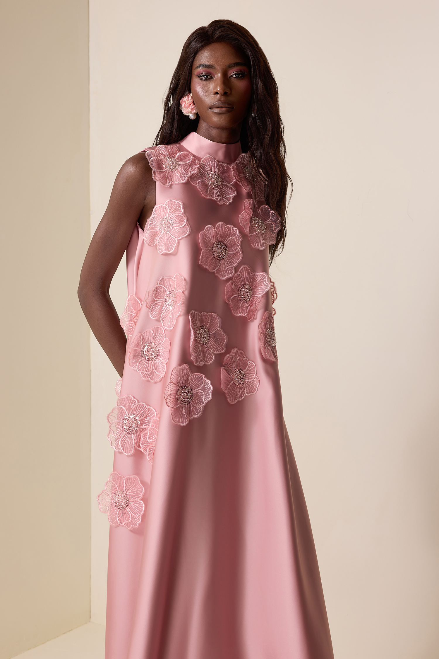 Appliquéd Satin Sleeveless Midi Dress