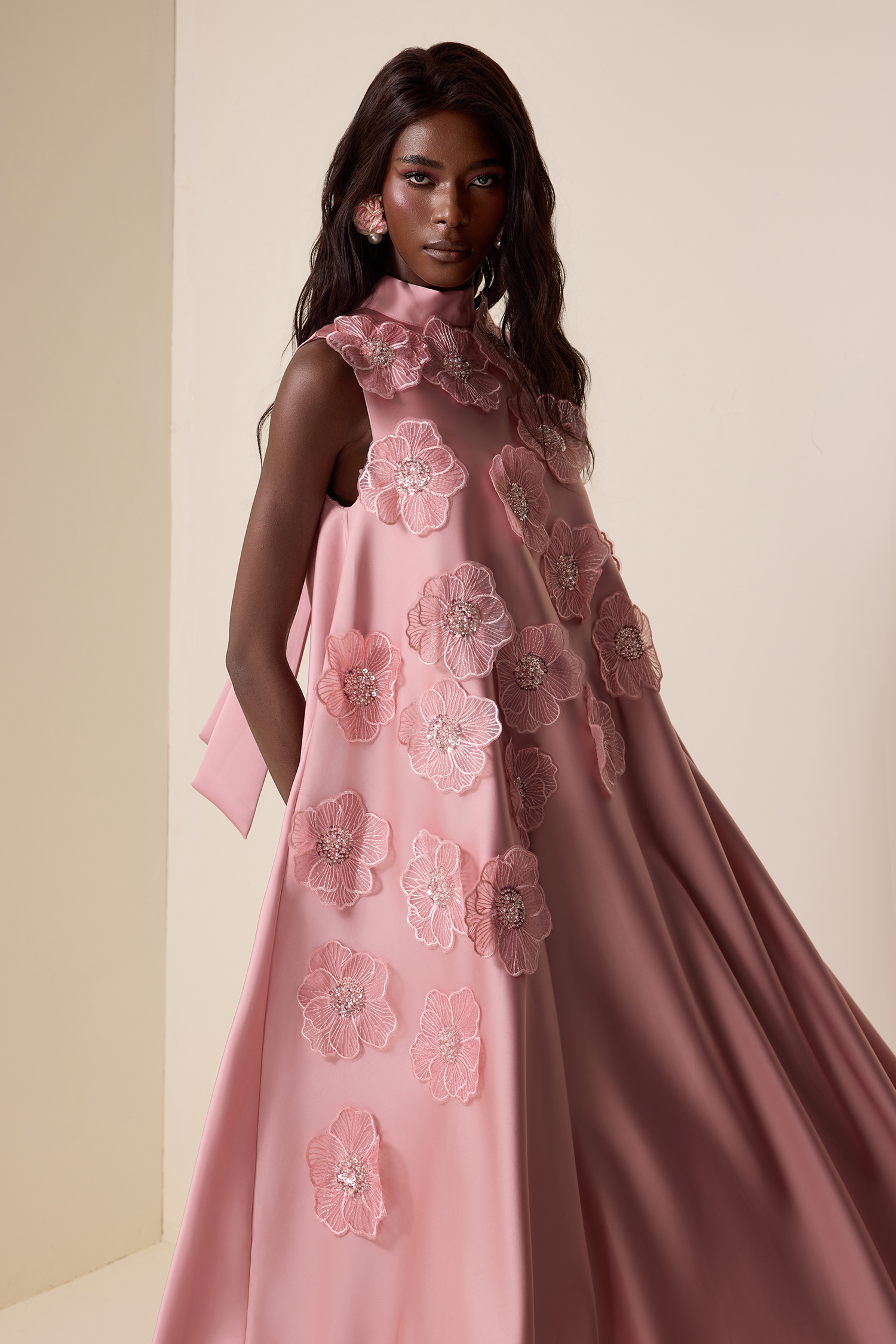 Appliquéd Satin Sleeveless Midi Dress