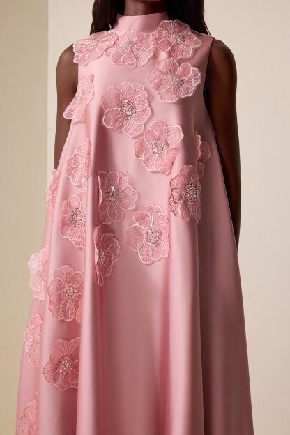 Appliquéd Satin Sleeveless Midi Dress