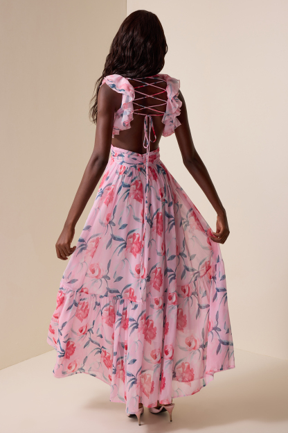 Floral Chiffon Backless Maxi Dress