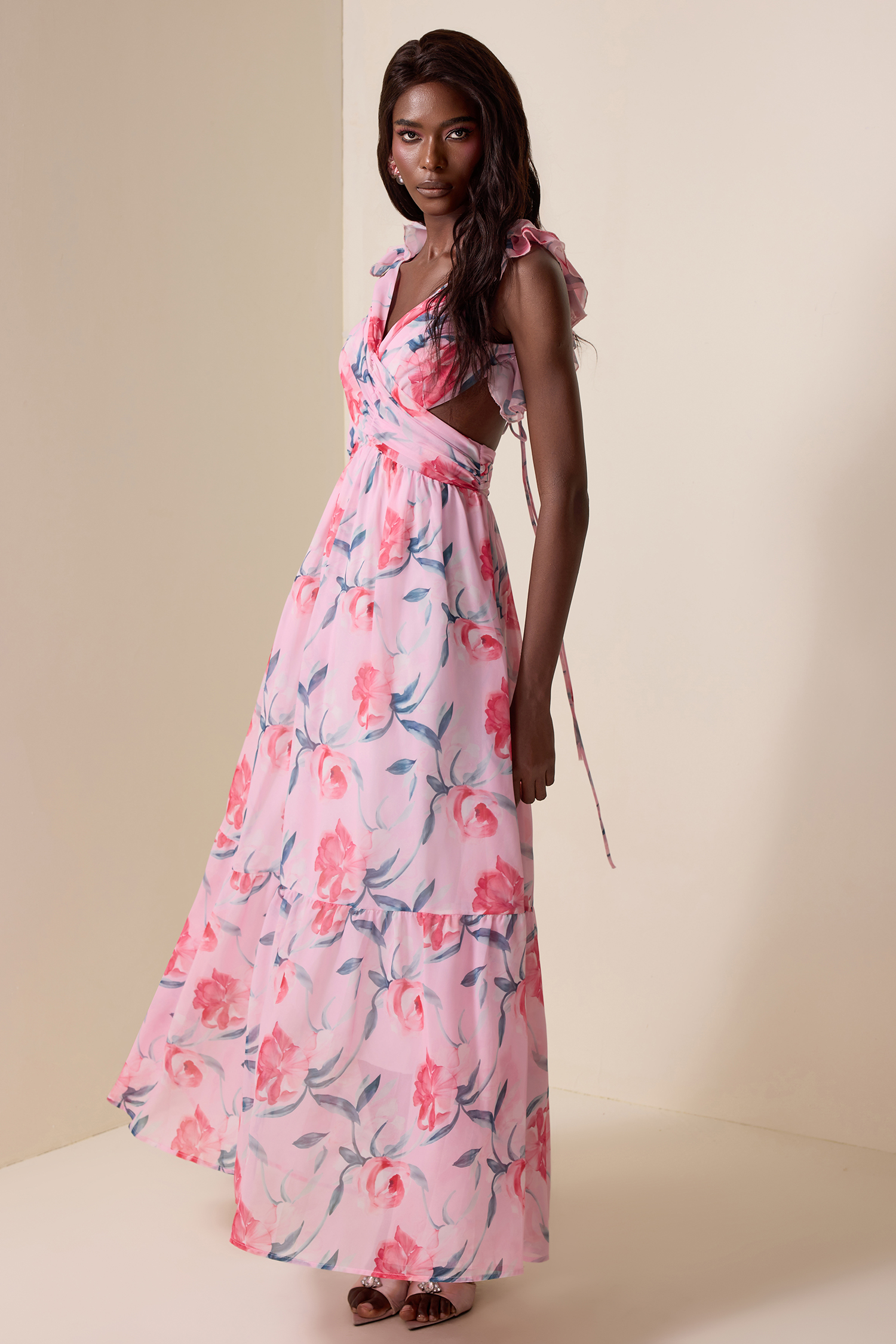 Floral Chiffon Backless Maxi Dress