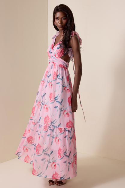 Floral Chiffon Backless Maxi Dress