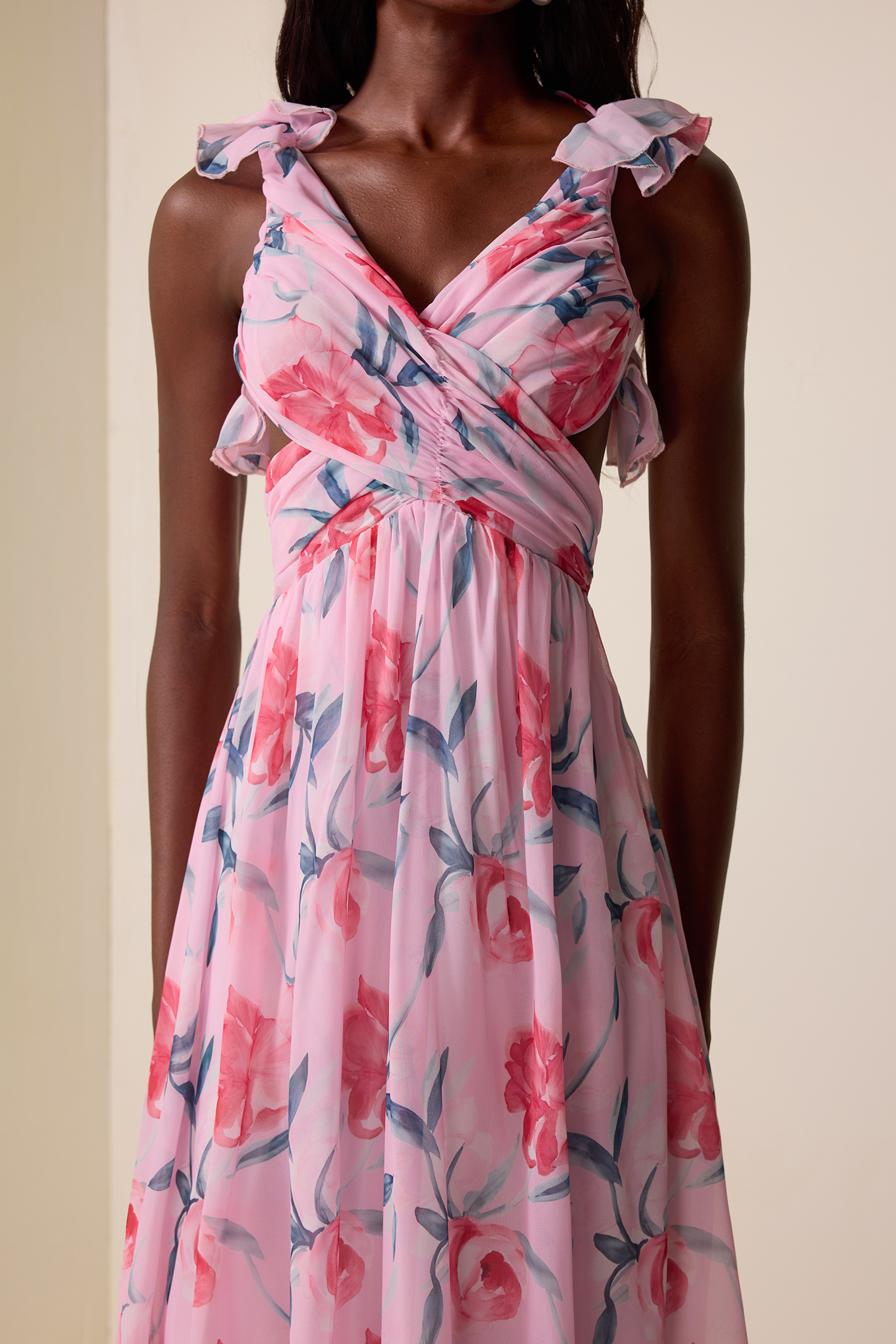 Floral Chiffon Backless Maxi Dress