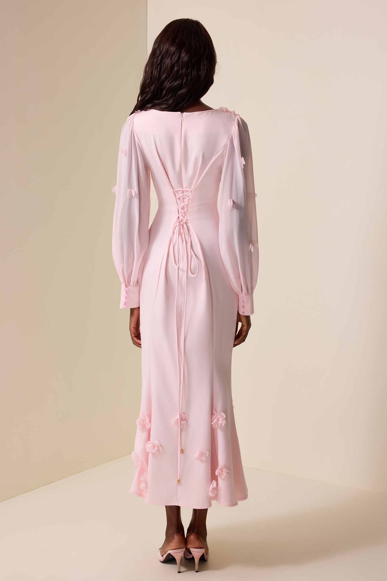 3D Flower Square Collar Lantern Sleeve Maxi Dress