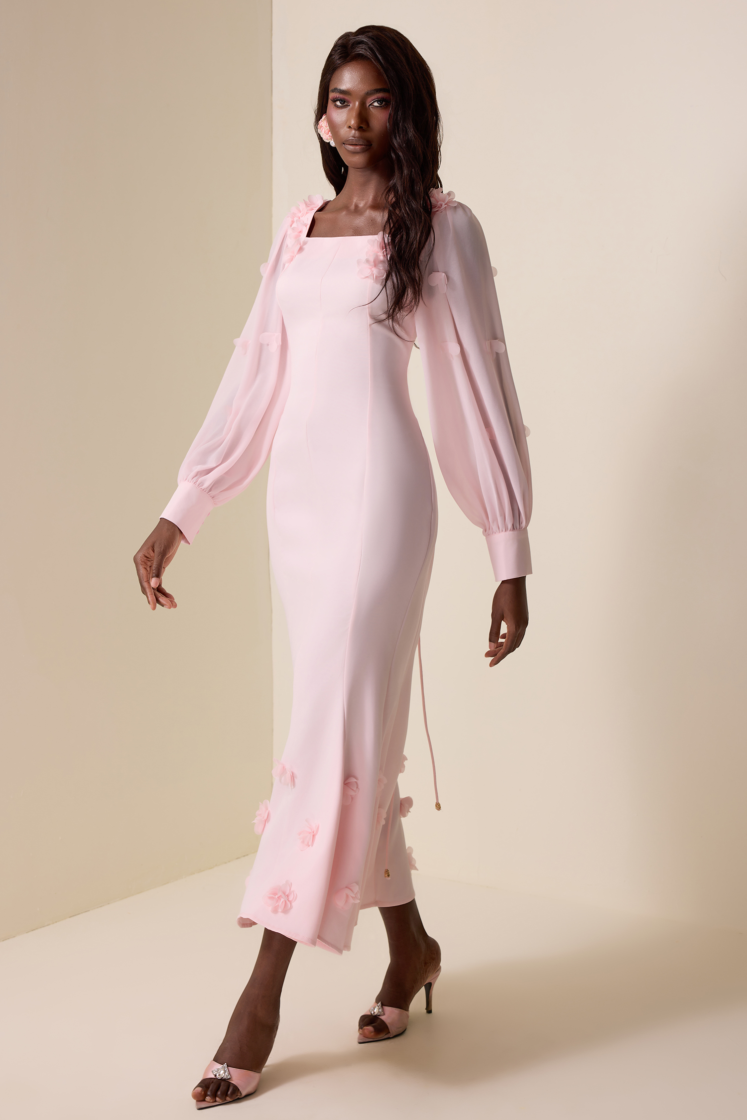 3D Flower Square Collar Lantern Sleeve Maxi Dress